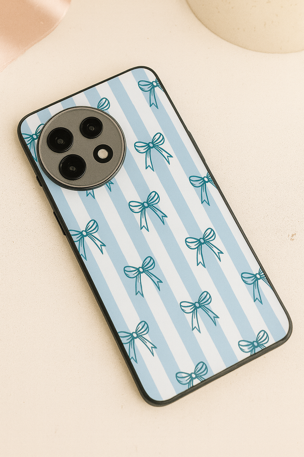 Stripy Blue Bows Premium Glass Back Cover For One Plus 13, 12, 11, 10, Nord Series
