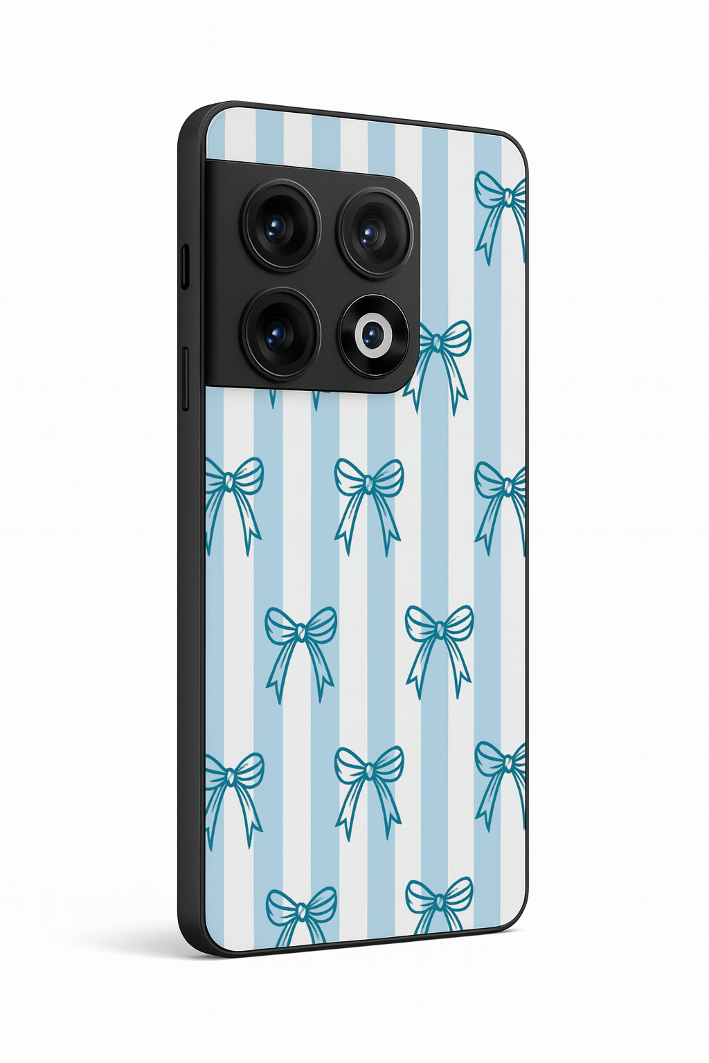 Stripy Blue Bows Premium Glass Back Cover For One Plus 13, 12, 11, 10, Nord Series