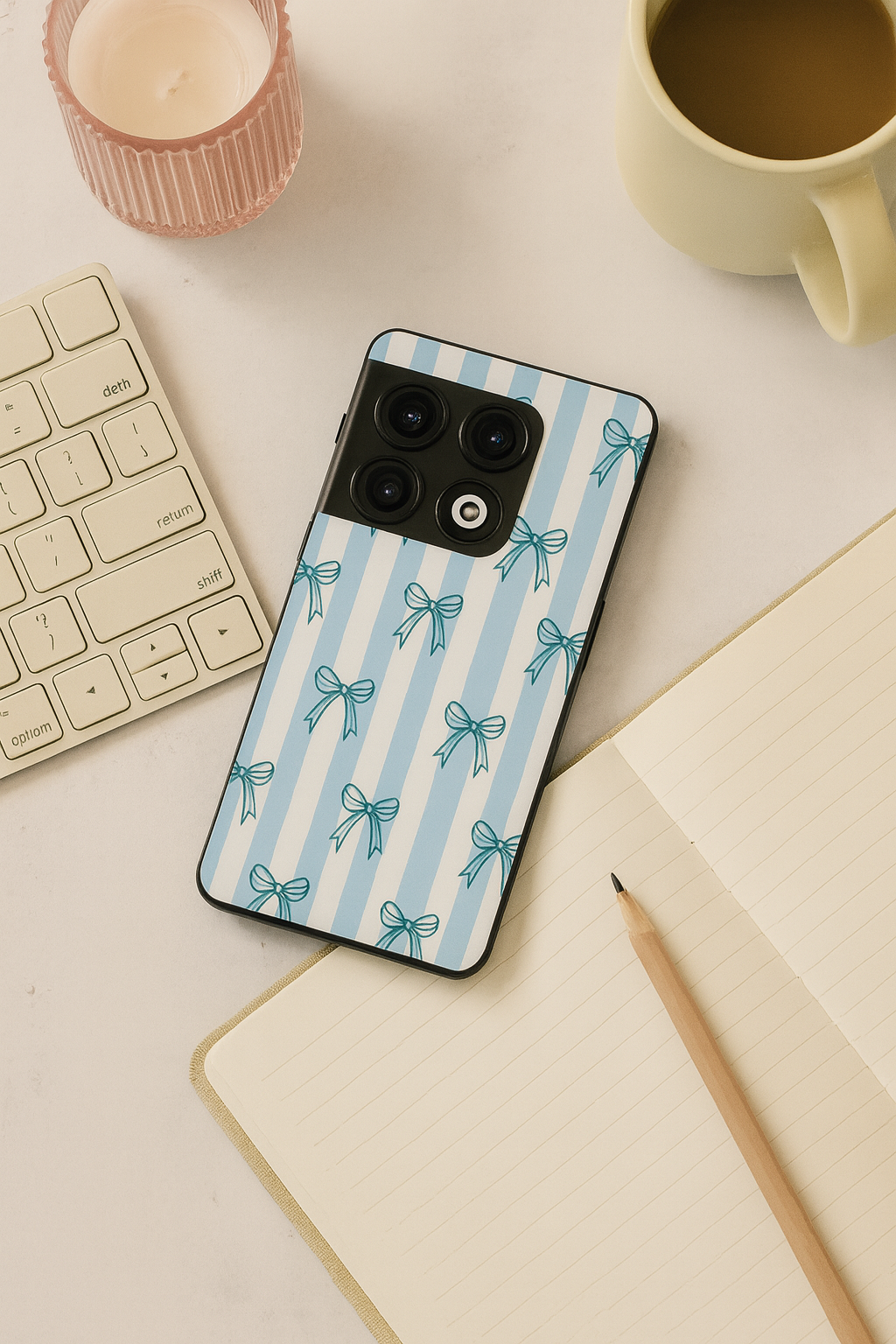 Stripy Blue Bows Premium Glass Back Cover For One Plus 13, 12, 11, 10, Nord Series