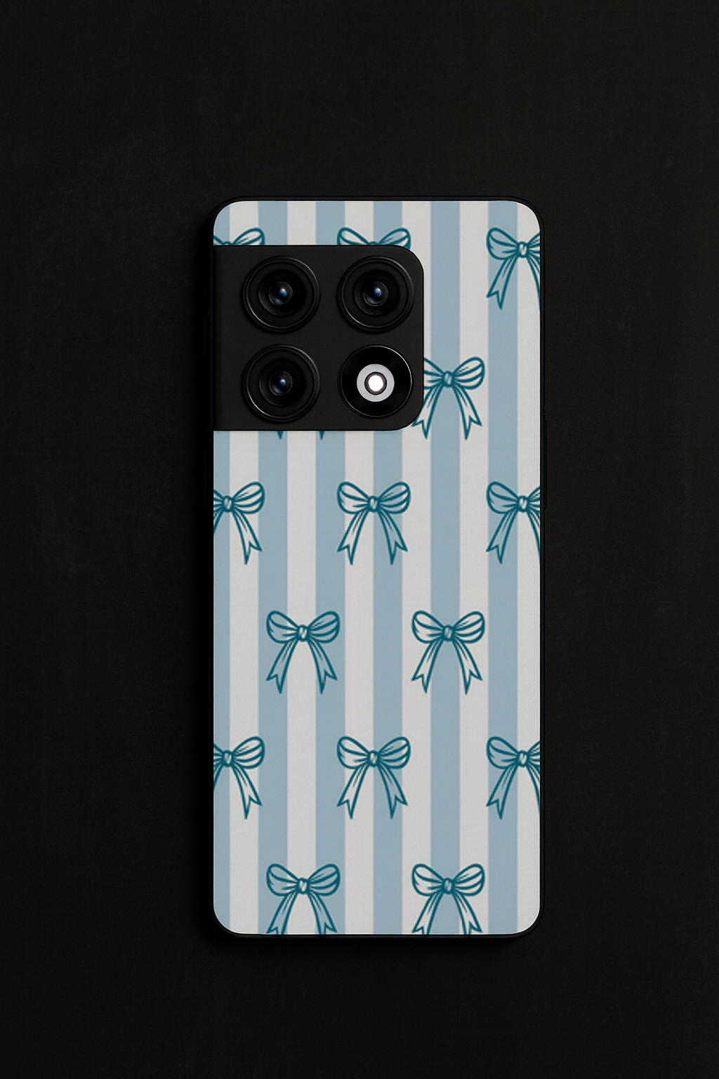 Stripy Blue Bows Premium Glass Back Cover For One Plus 13, 12, 11, 10, Nord Series