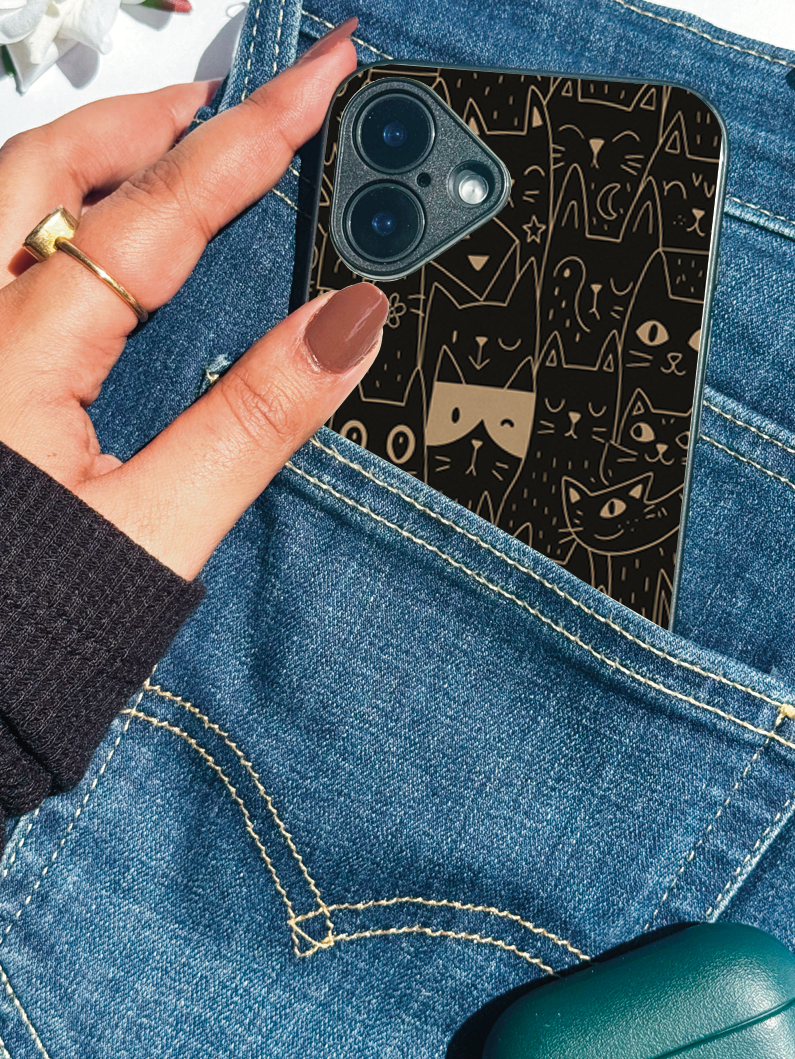 Meow Mood Printed Glass Back iPhone Covers (11–16) Series | Cute Designs