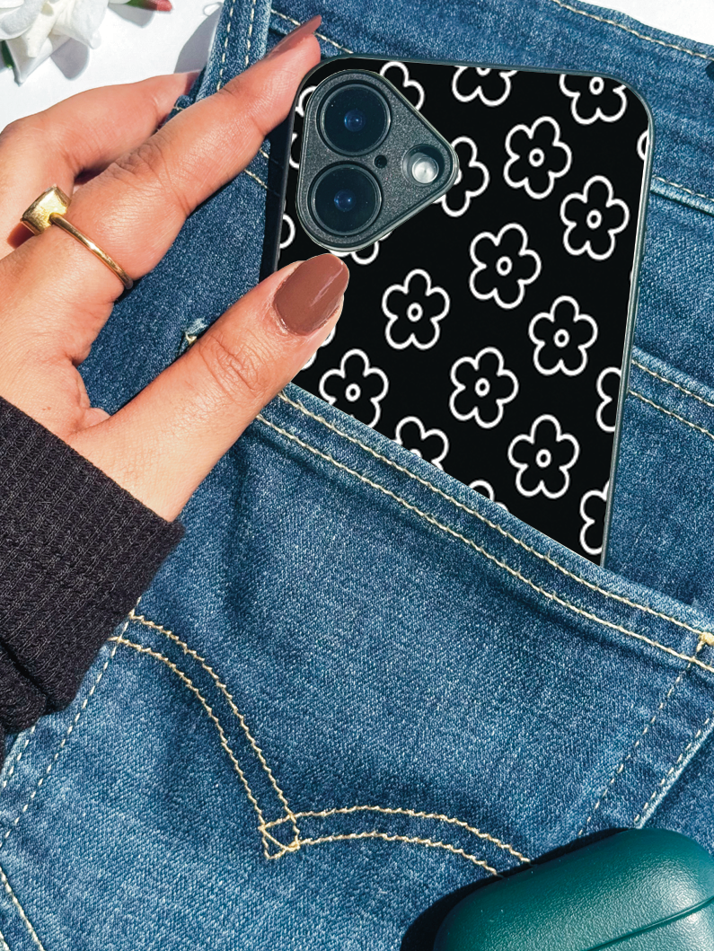 Daisy Noir Printed Glass Back iPhone Covers (11–16) Series | Aesthetic Designs
