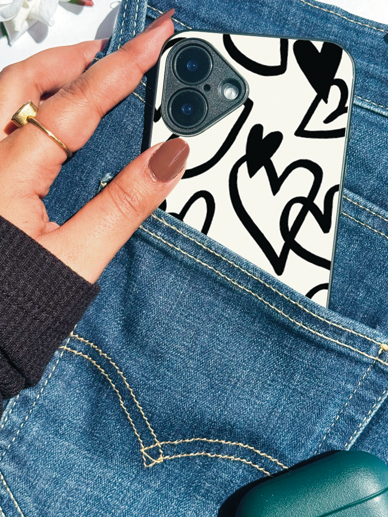 Mono Hearts Printed Glass Back iPhone Covers (11–16) Series | Cute Design