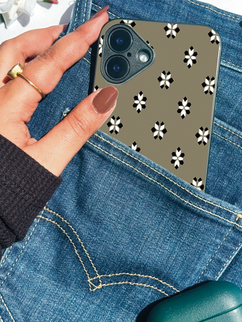 Taupe Flora Printed Glass Back iPhone Covers (11–16) Series | Aesthetic Designs