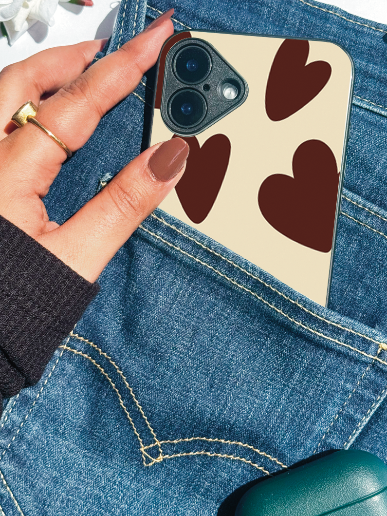 Cocoa Hearts Printed Glass Back iPhone Covers (11–16) Series | Aesthetic Designs