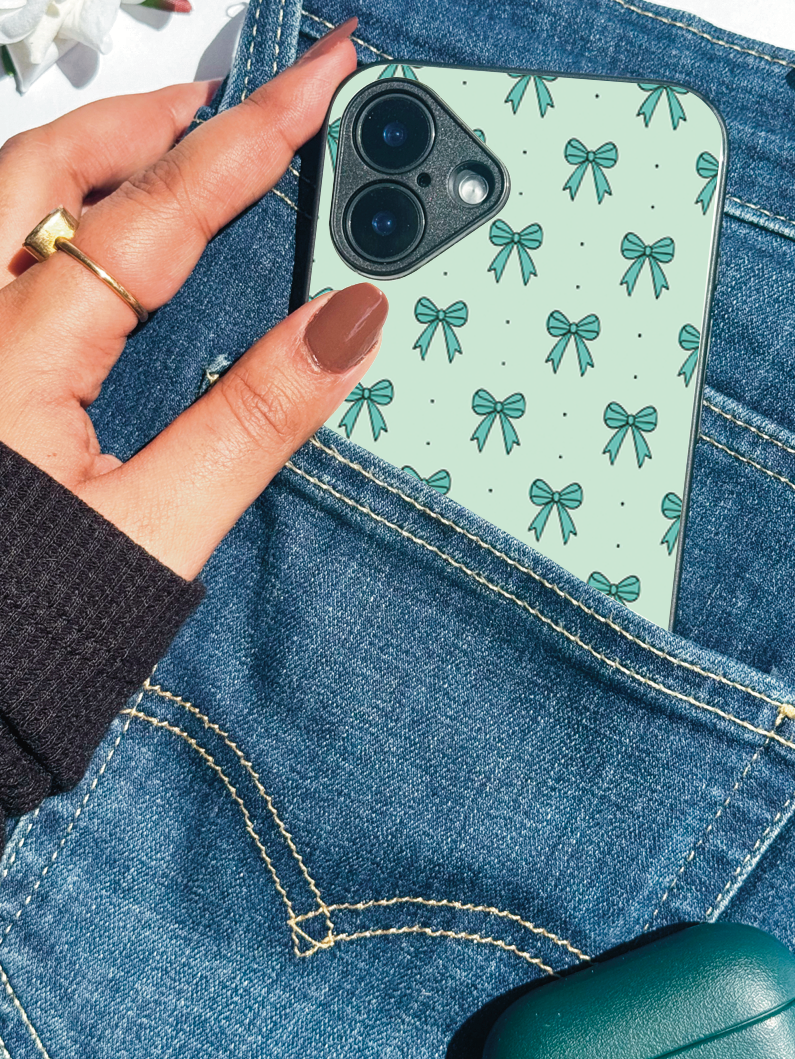 Mint Bow Printed Glass Back iPhone Covers (11–16) Series | Cute Designs