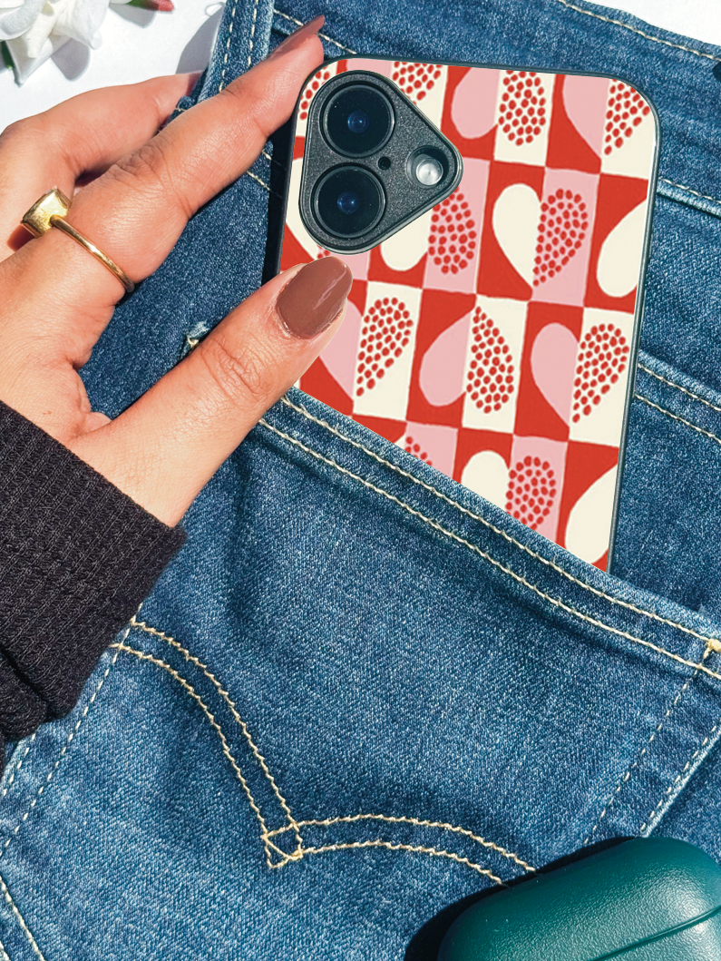 Retro Hearts Printed Glass Back iPhone Covers (11–16) Series | Aesthetic Designs