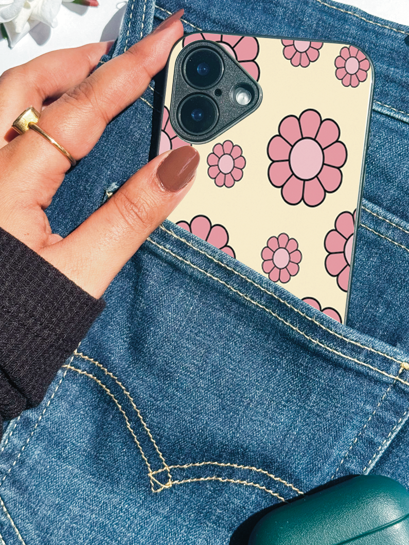 Pink Bloom Pop Printed Glass Back iPhone Covers (11–16) Series | Cute Designs