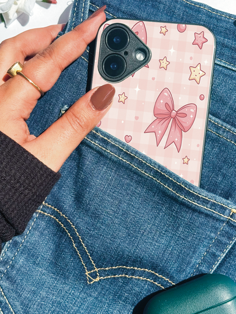 Kawaii Bow  Printed Glass Back iPhone Covers (11–16) Series |Cute Design