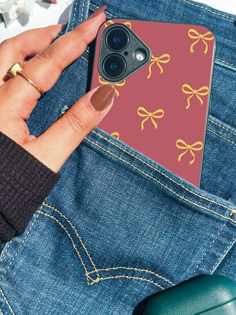 Golden Bows Printed Glass Back iPhone Covers (11–16) Series | Cute Designs