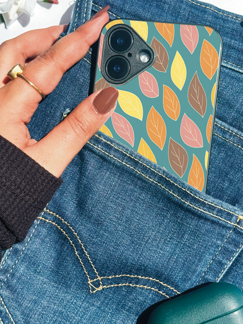 Falling Leaves Printed Glass Back iPhone Covers (11–16) Series | Aesthetic Designs