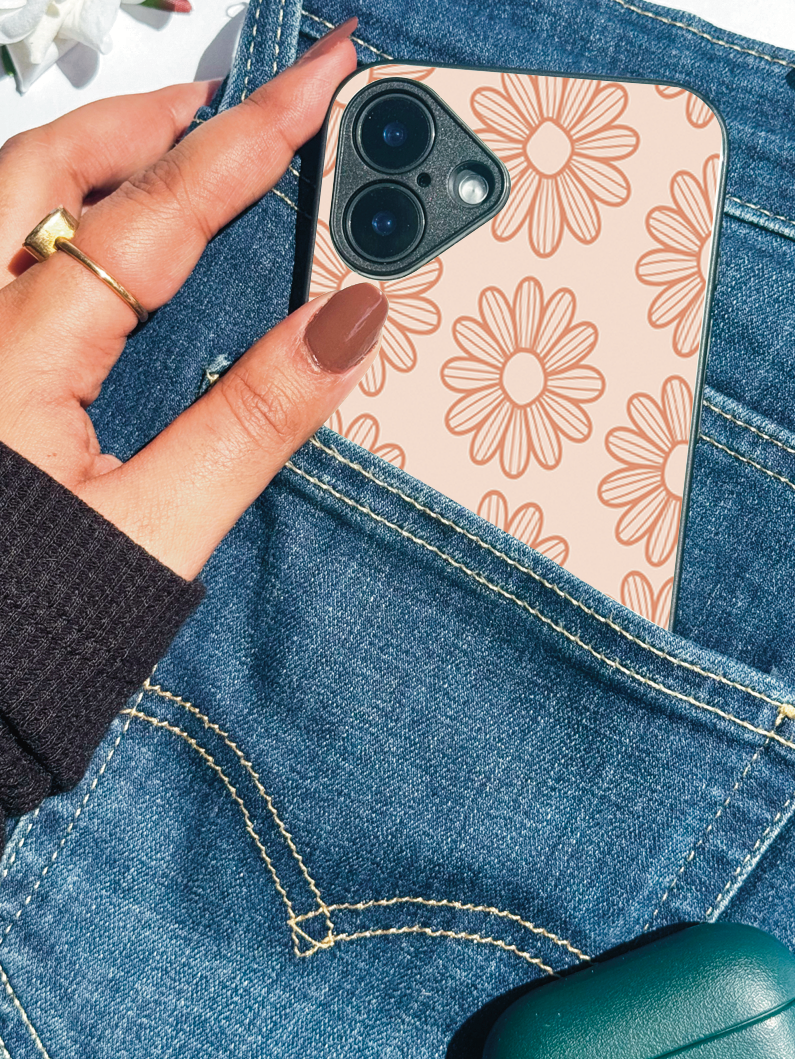 Peach Daisy Printed Glass Back iPhone Covers (11–16) Series | Cute Designs