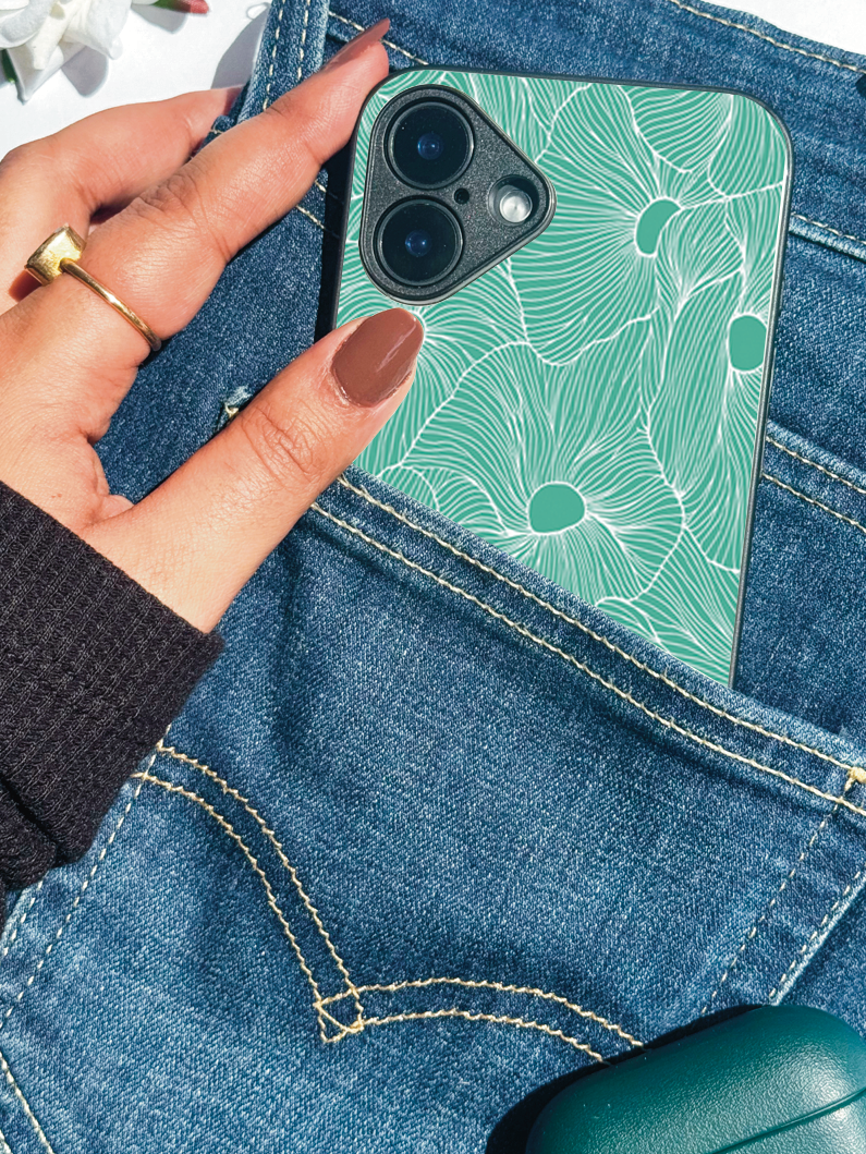 Aqua Flora Printed Glass Back iPhone Covers (11–16) Series | Aesthetic Design