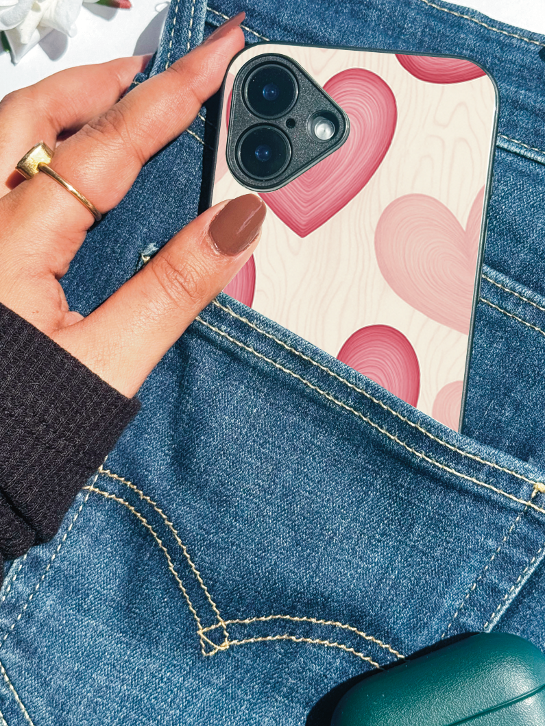 Rosé Hearts Printed Glass Back iPhone Covers (11–16) Series | Aesthetic Designs