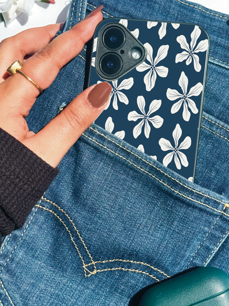 Navy Petals Printed Glass Back iPhone Covers (11–16) Series | Aesthetic Designs