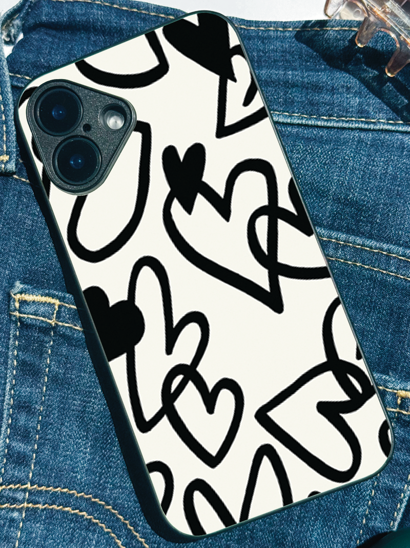 Mono Hearts Printed Glass Back iPhone Covers (11–16) Series | Cute Design