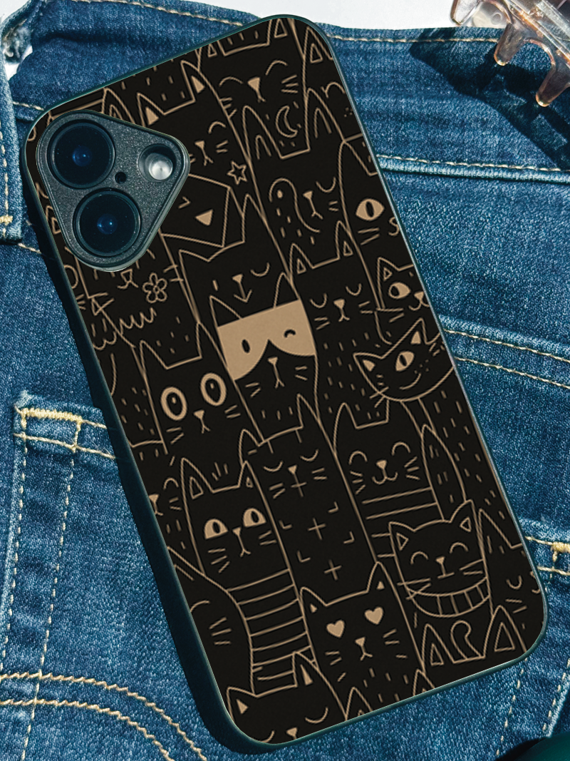 Meow Mood Printed Glass Back iPhone Covers (11–16) Series | Cute Designs
