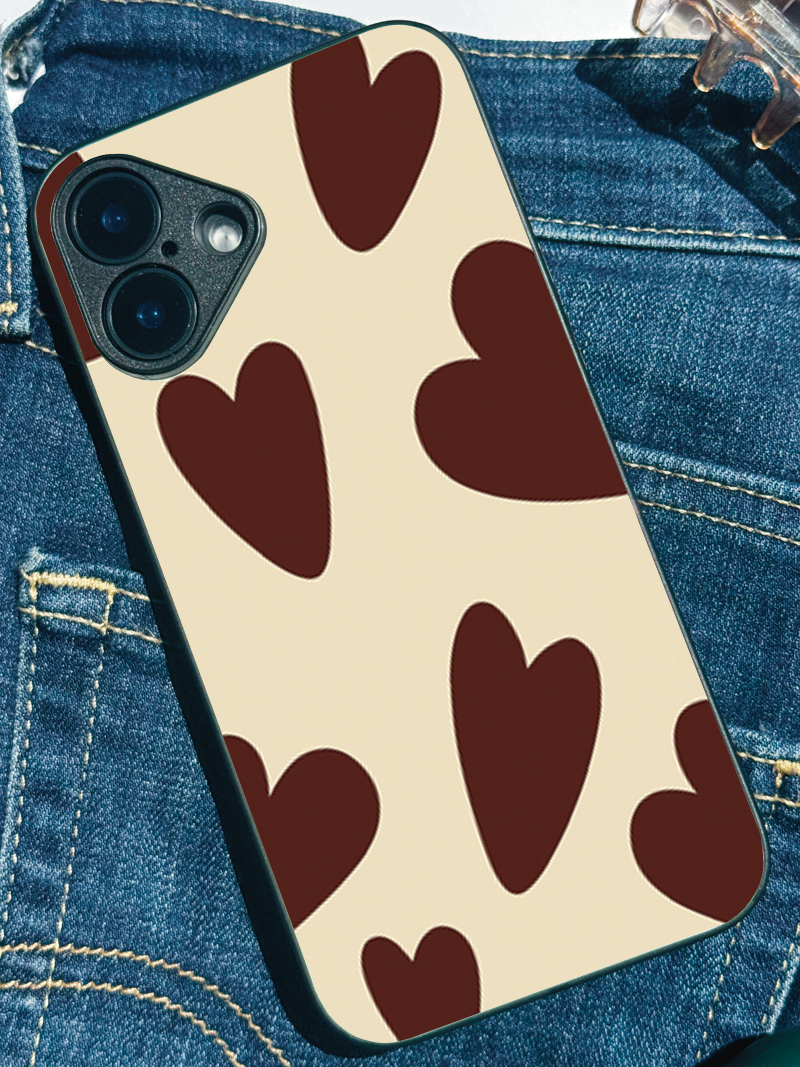 Cocoa Hearts Printed Glass Back iPhone Covers (11–16) Series | Aesthetic Designs