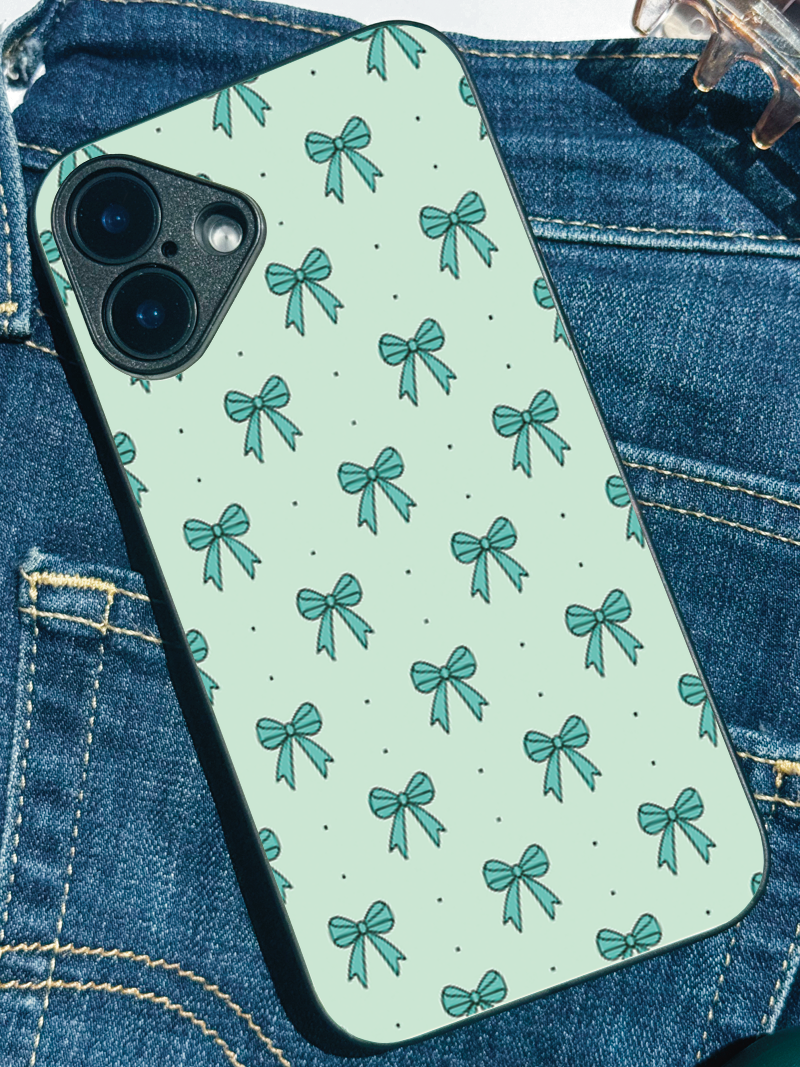 Mint Bow Printed Glass Back iPhone Covers (11–16) Series | Cute Designs