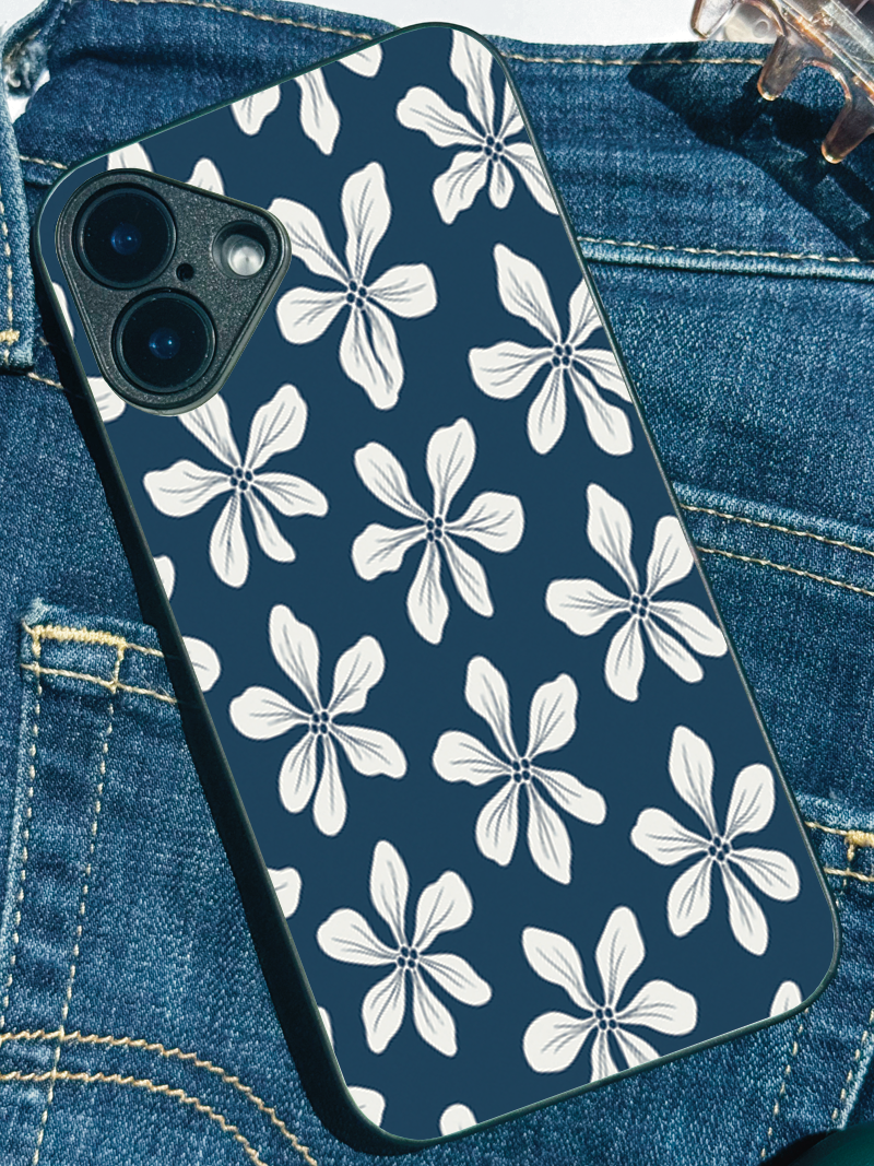 Navy Petals Printed Glass Back iPhone Covers (11–16) Series | Aesthetic Designs