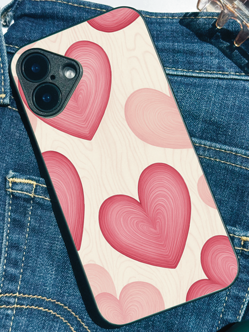 Rosé Hearts Printed Glass Back iPhone Covers (11–16) Series | Aesthetic Designs