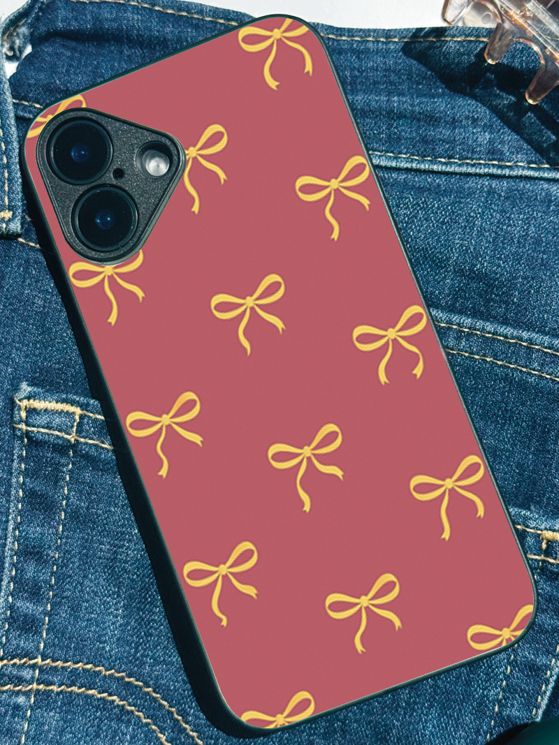 Golden Bows Printed Glass Back iPhone Covers (11–16) Series | Cute Designs
