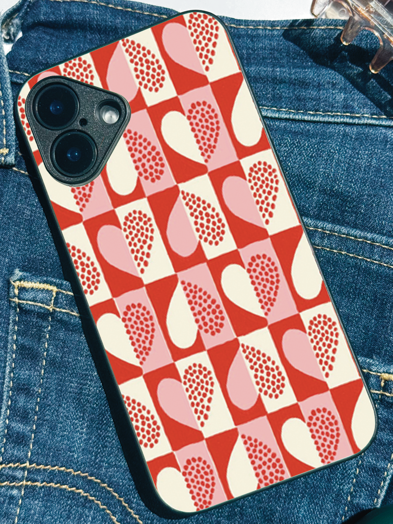 Retro Hearts Printed Glass Back iPhone Covers (11–16) Series | Aesthetic Designs
