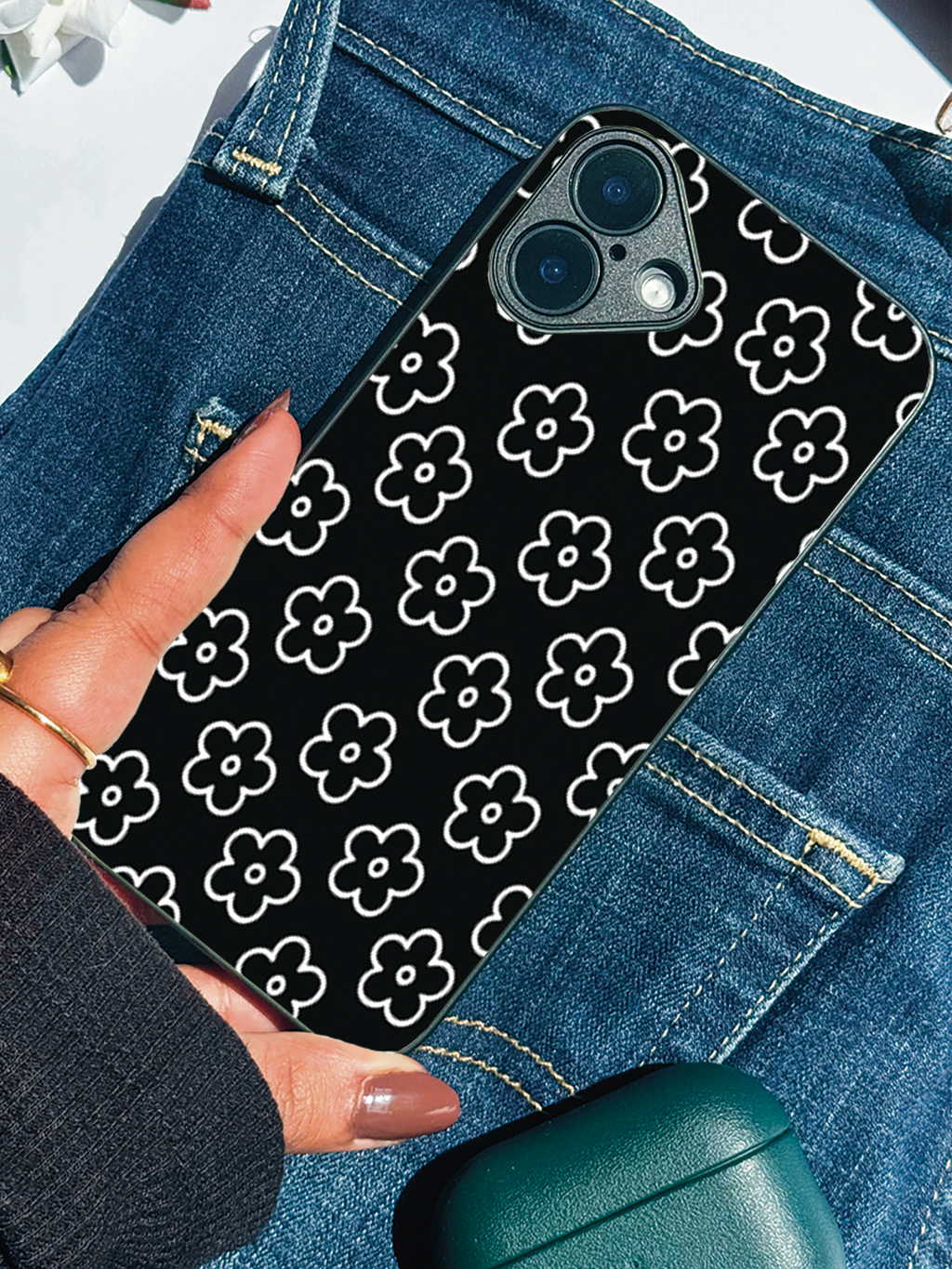 Daisy Noir Printed Glass Back iPhone Covers (11–16) Series | Aesthetic Designs