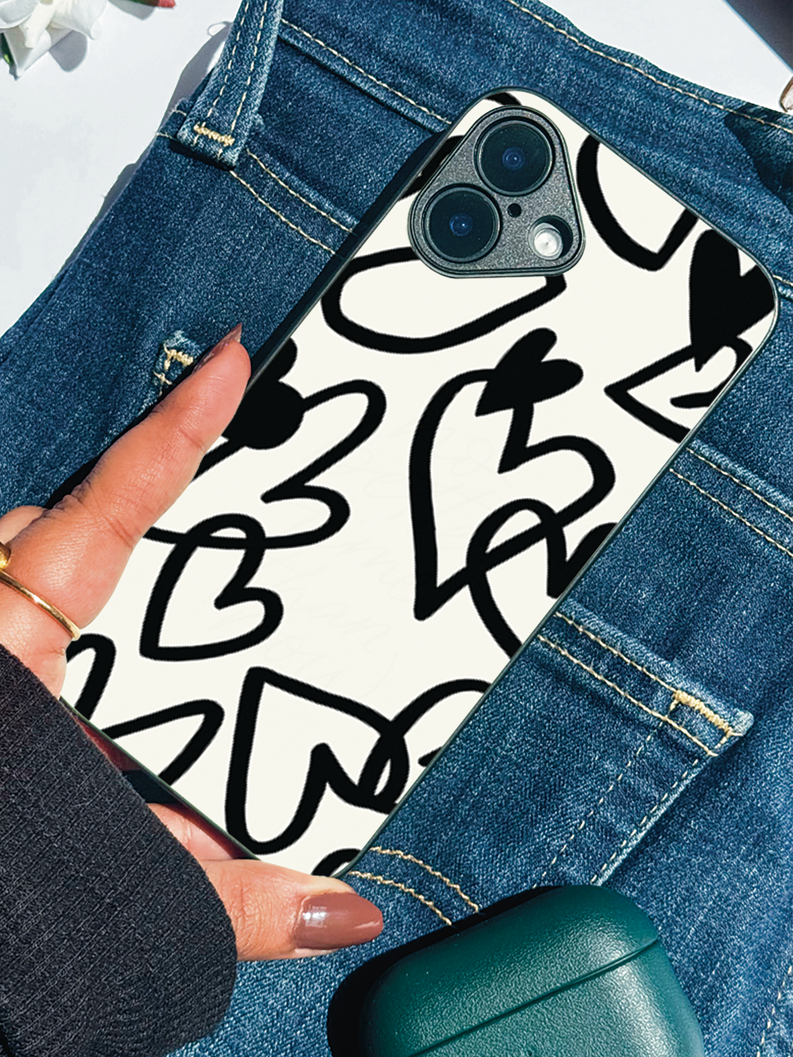 Mono Hearts Printed Glass Back iPhone Covers (11–16) Series | Cute Design