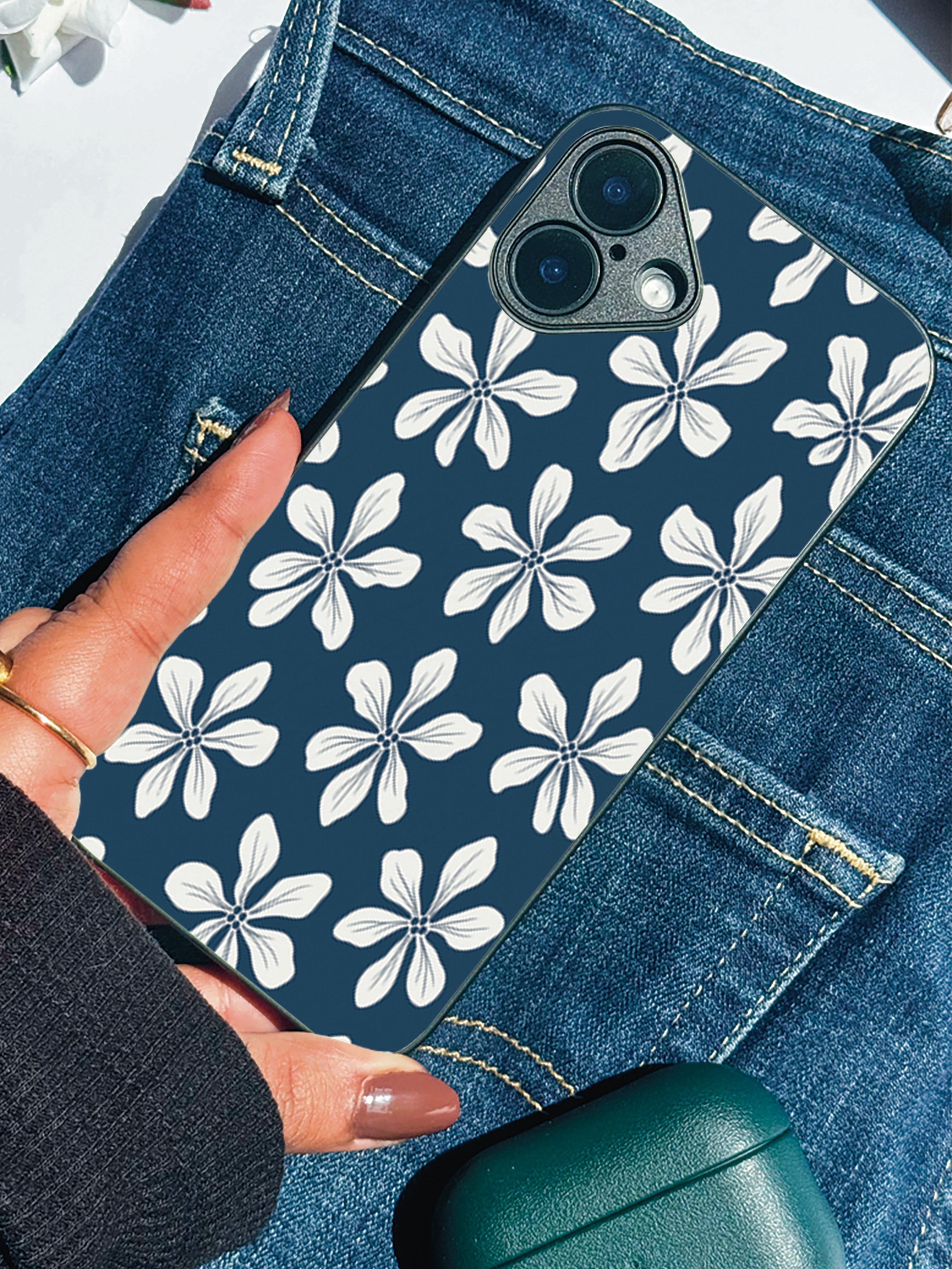Navy Petals Printed Glass Back iPhone Covers (11–16) Series | Aesthetic Designs