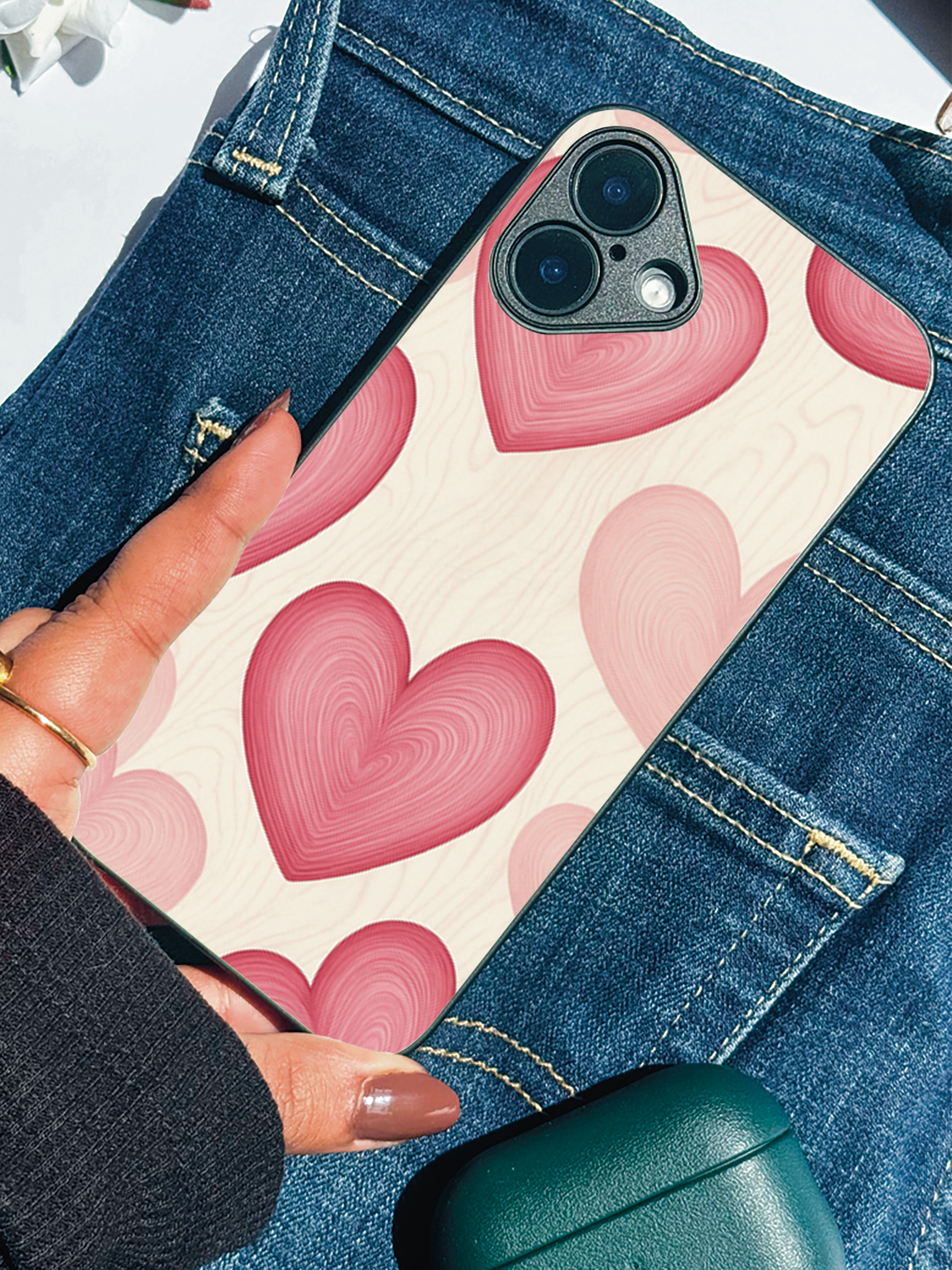 Rosé Hearts Printed Glass Back iPhone Covers (11–16) Series | Aesthetic Designs