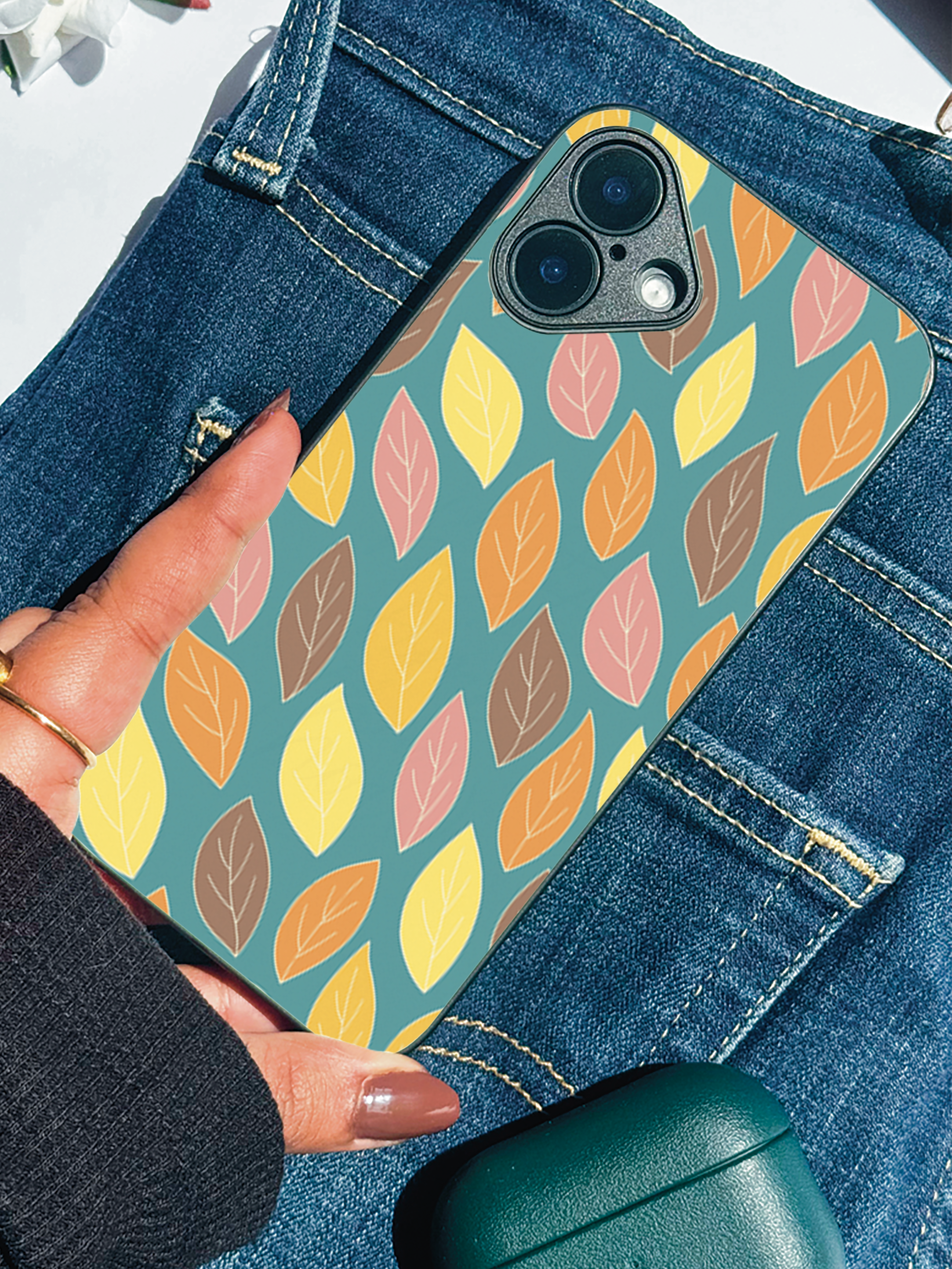 Falling Leaves Printed Glass Back iPhone Covers (11–16) Series | Aesthetic Designs