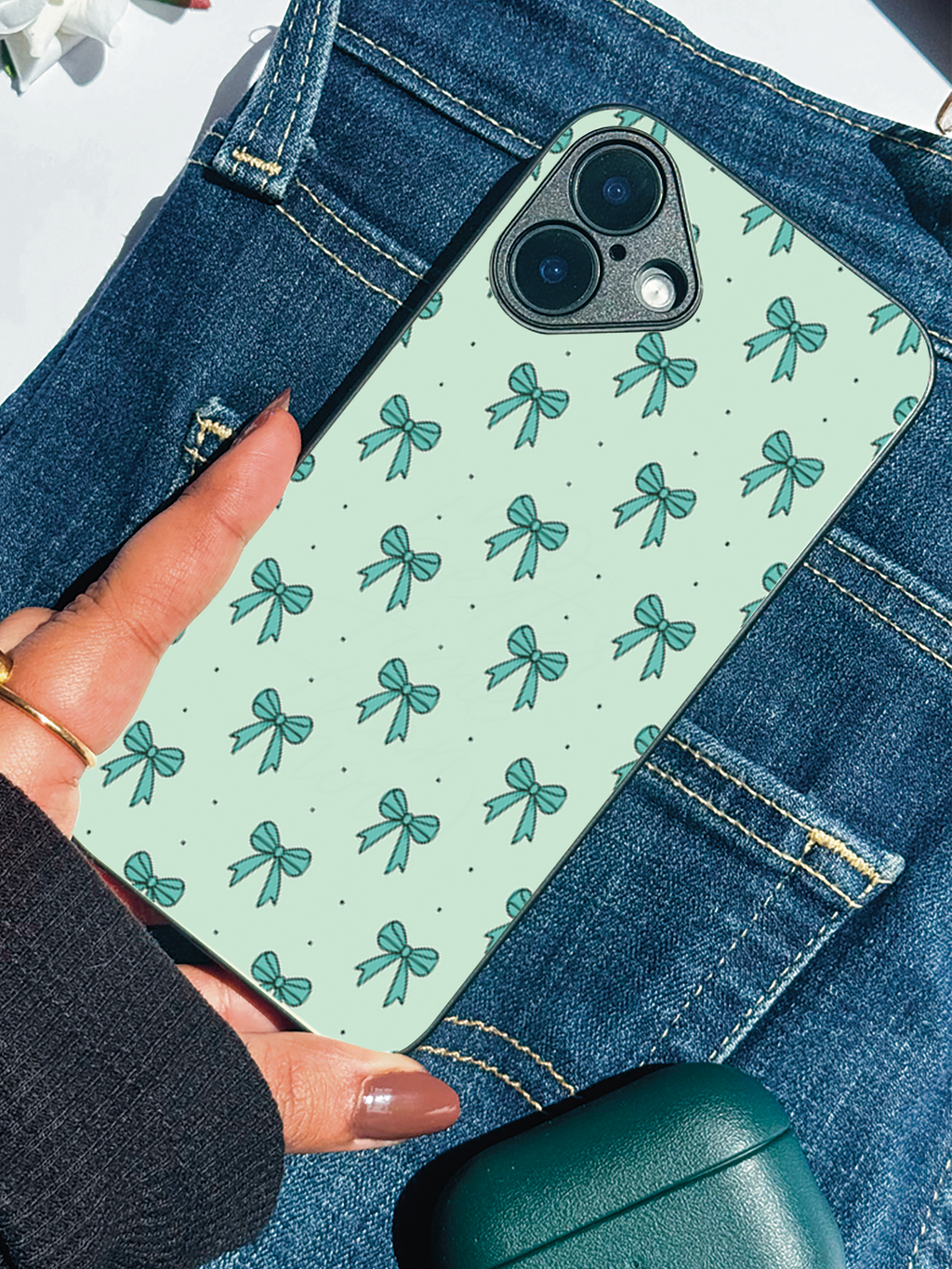 Mint Bow Printed Glass Back iPhone Covers (11–16) Series | Cute Designs