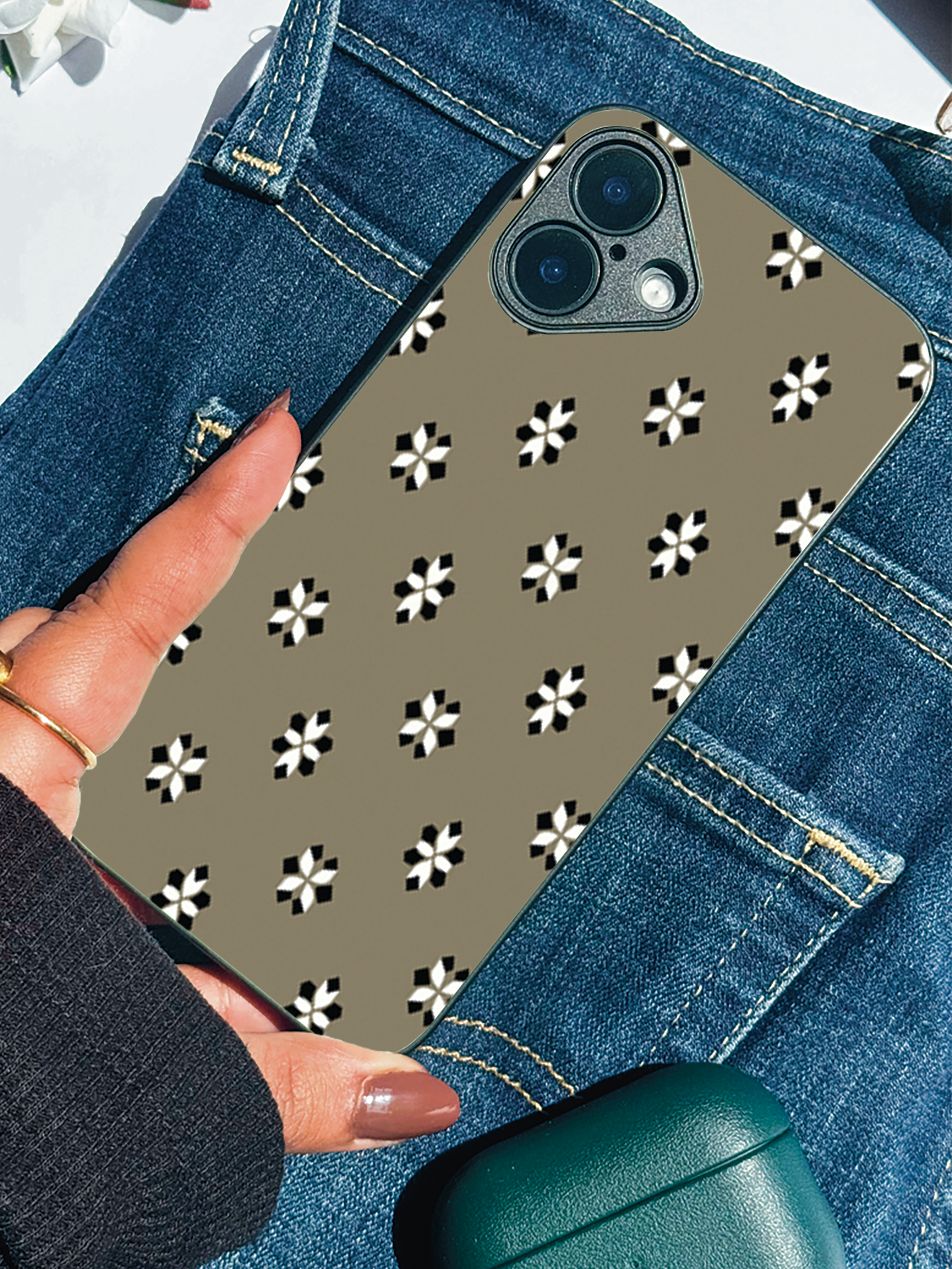 Taupe Flora Printed Glass Back iPhone Covers (11–16) Series | Aesthetic Designs