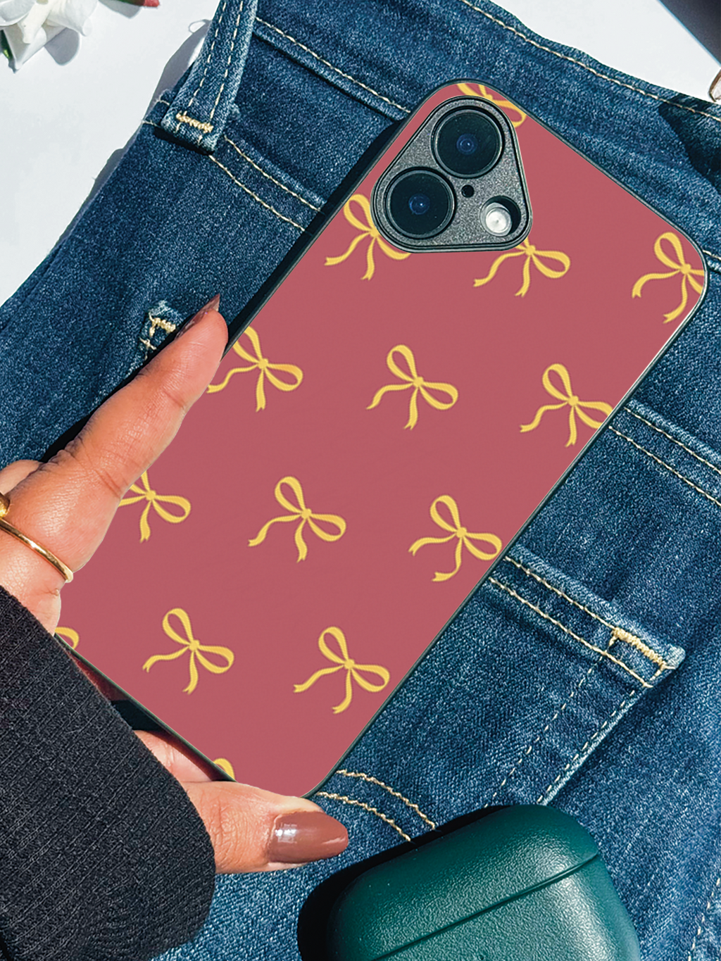 Golden Bows Printed Glass Back iPhone Covers (11–16) Series | Cute Designs