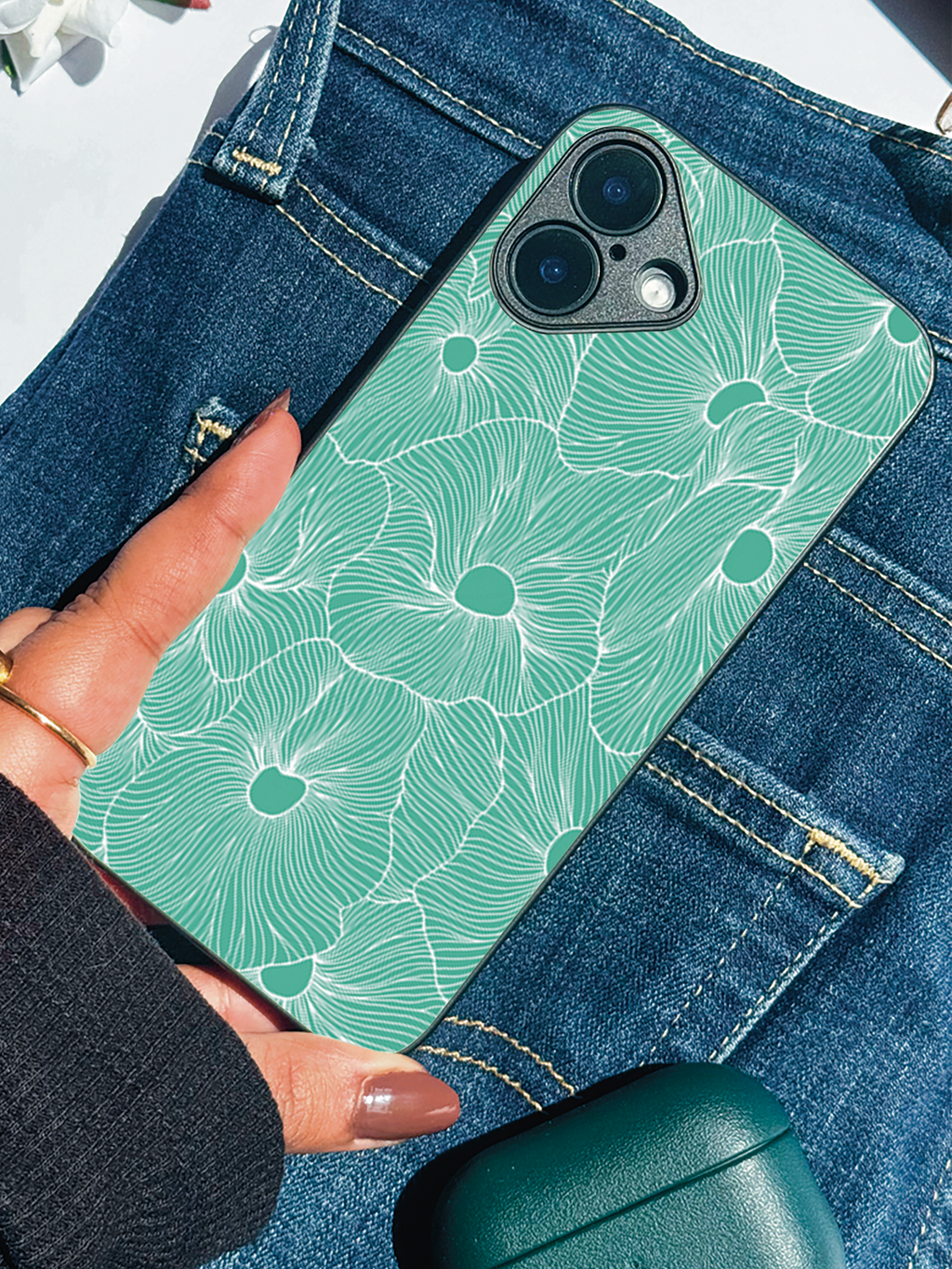 Aqua Flora Printed Glass Back iPhone Covers (11–16) Series | Aesthetic Design