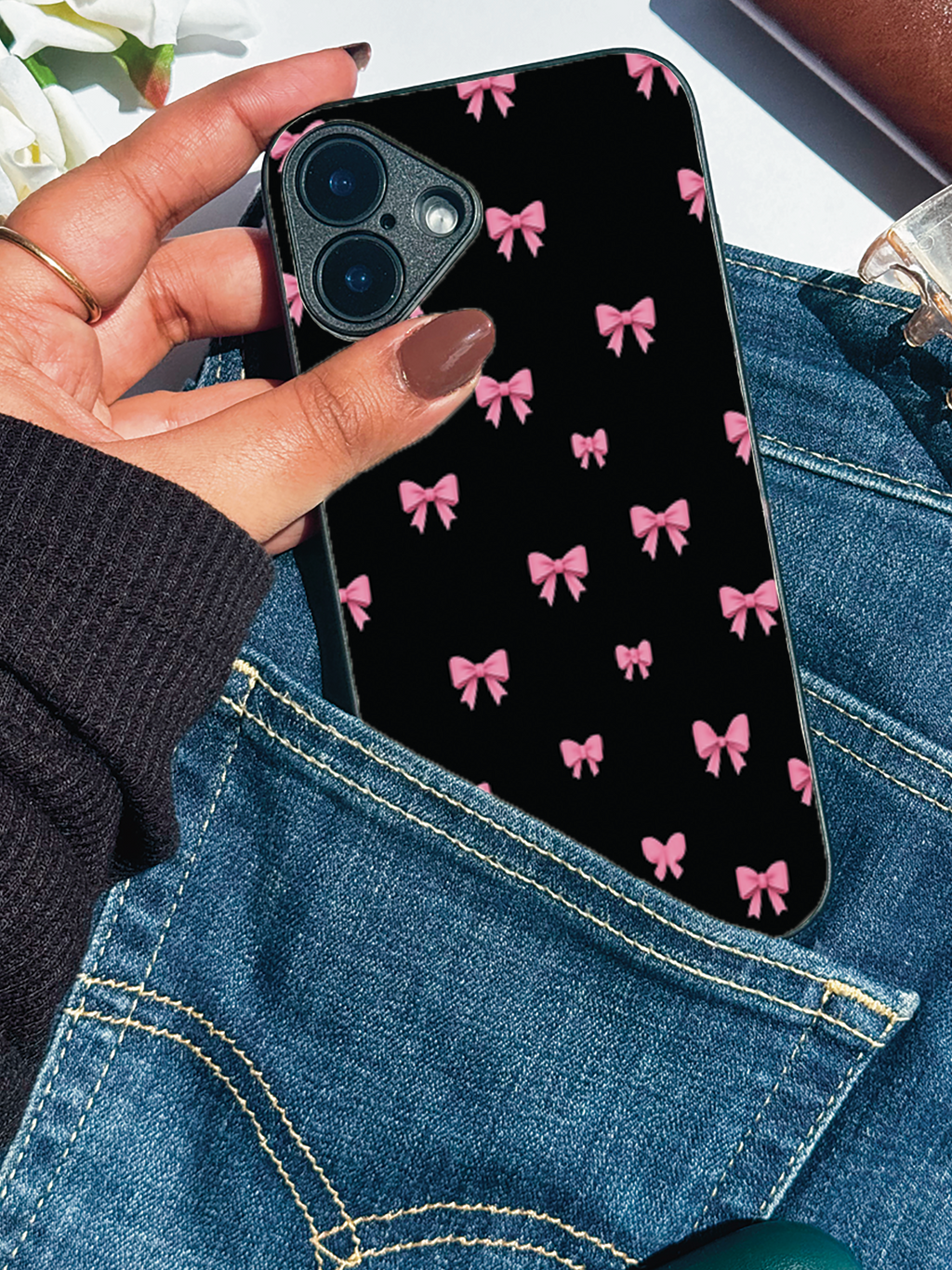 Glam Bow Printed Glass Back iPhone Covers (11–16) Series | Cute Designs