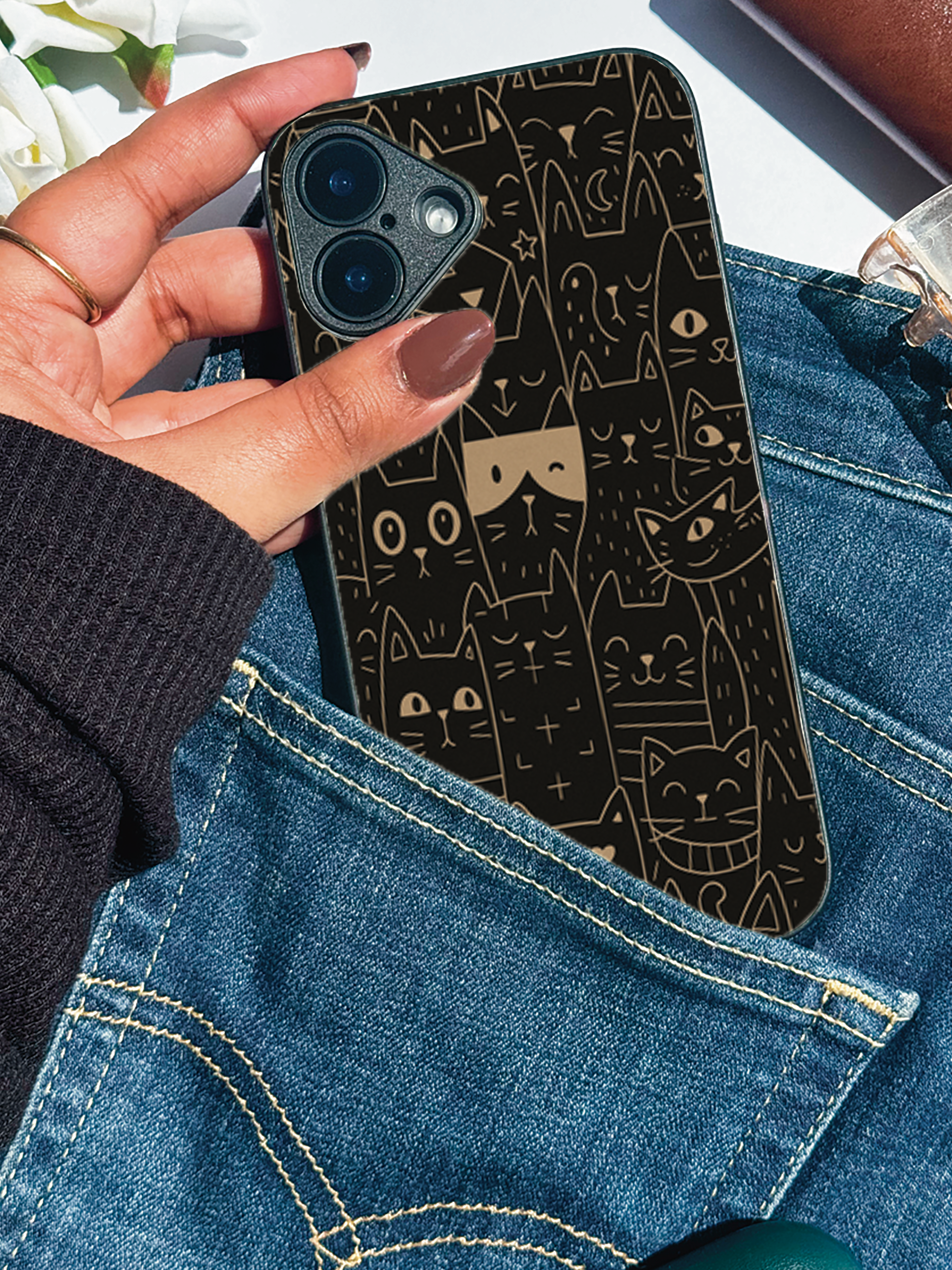 Meow Mood Printed Glass Back iPhone Covers (11–16) Series | Cute Designs
