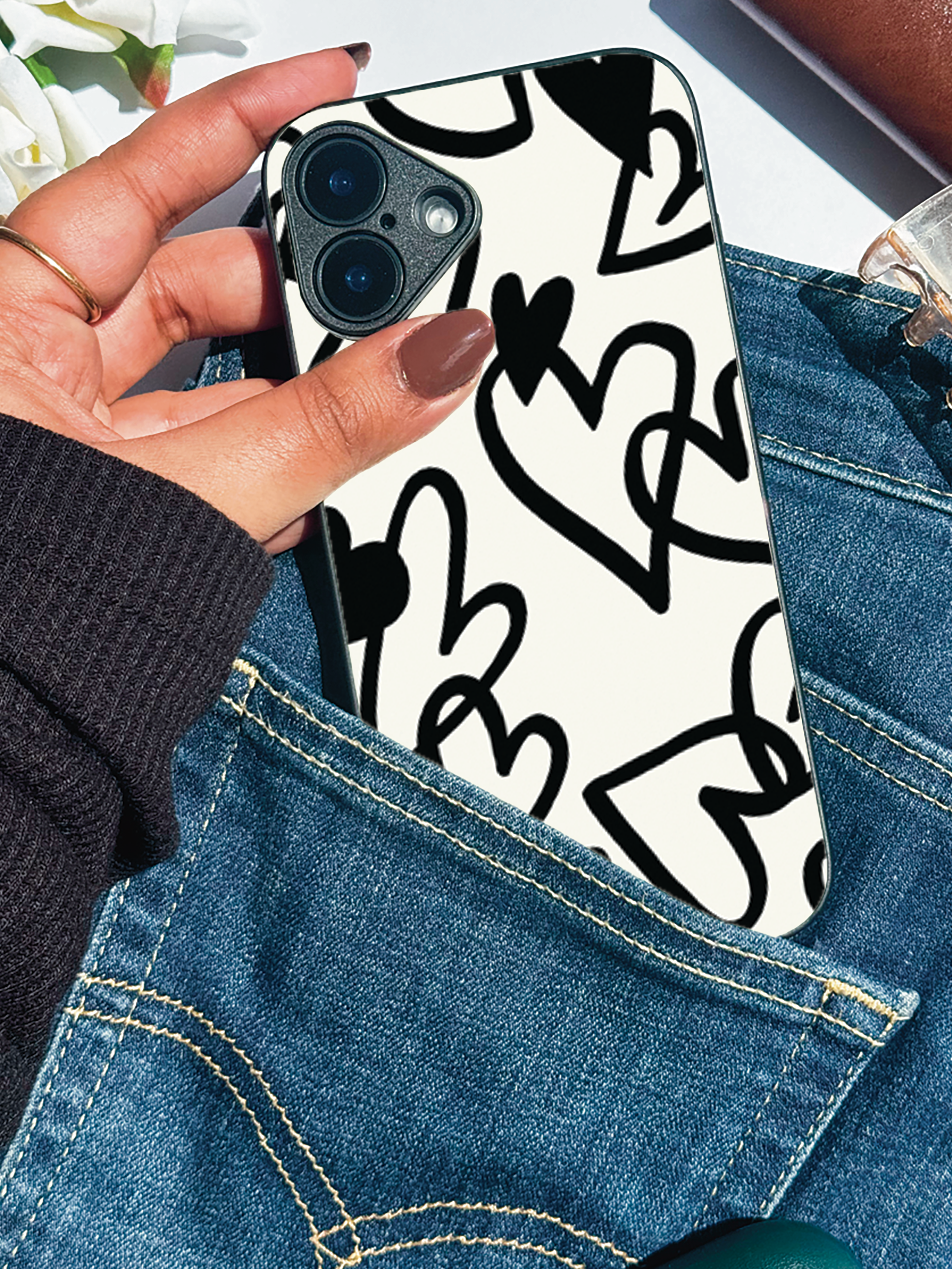 Mono Hearts Printed Glass Back iPhone Covers (11–16) Series | Cute Design