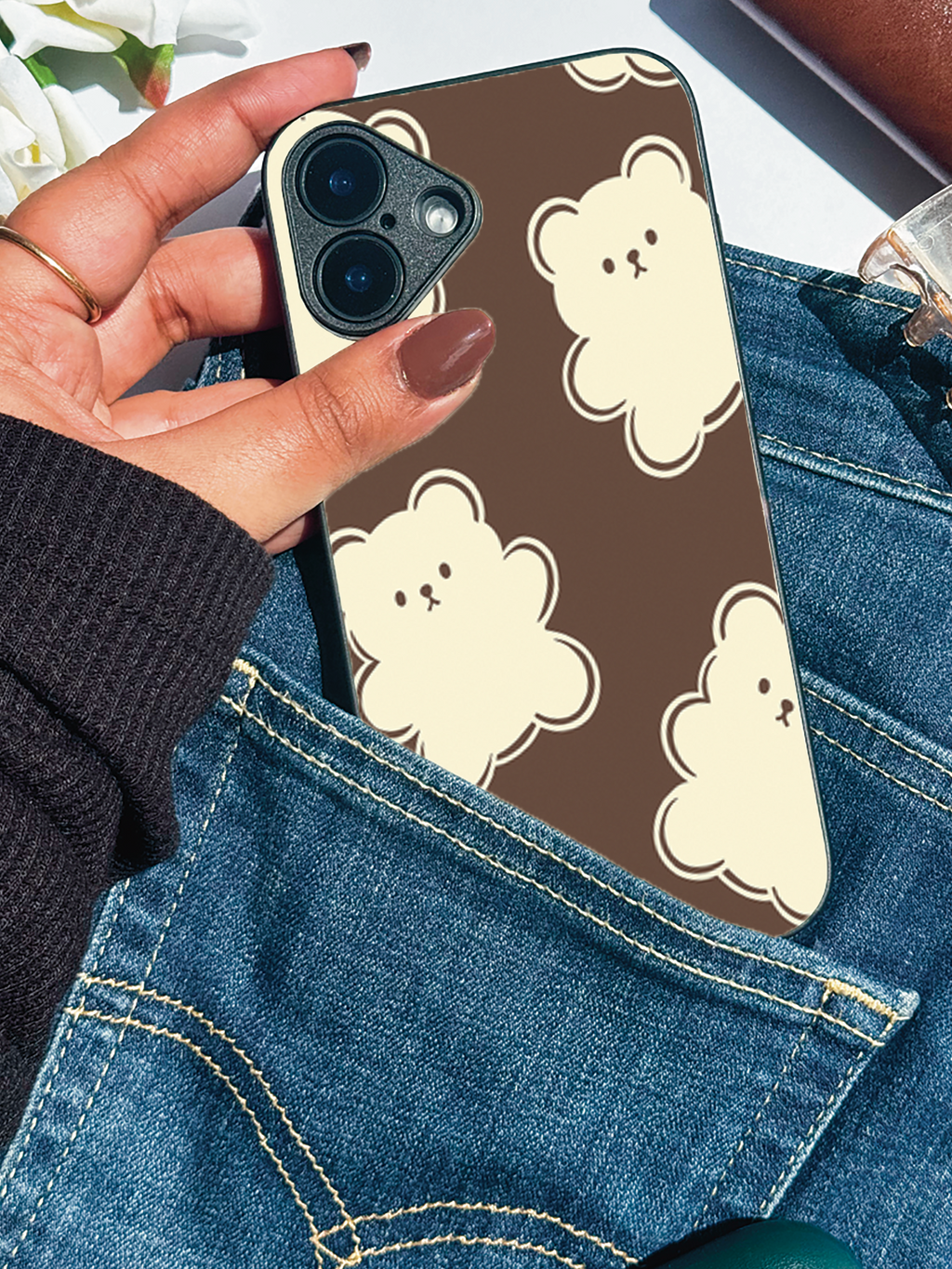 Cocoa Bear Printed Glass Back iPhone Covers (11–16) Series | Cute Designs