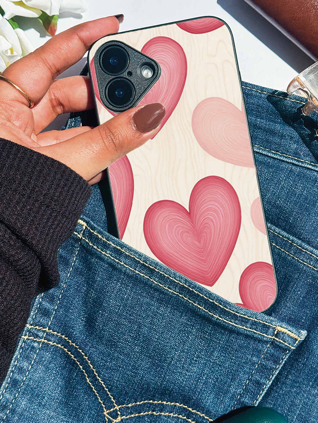 Rosé Hearts Printed Glass Back iPhone Covers (11–16) Series | Aesthetic Designs