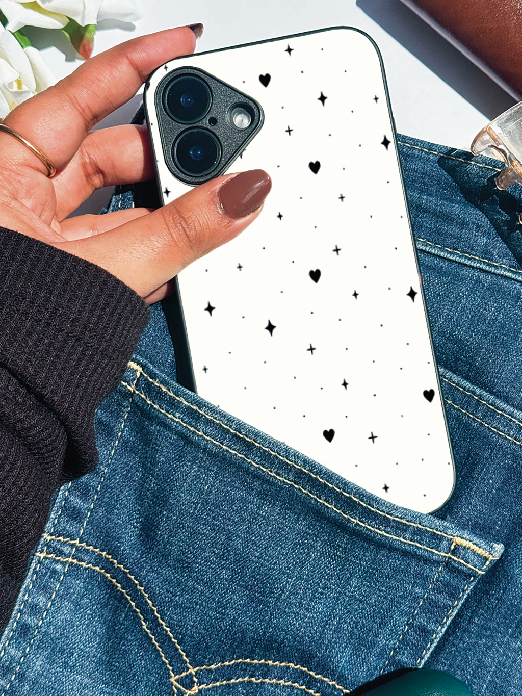 Starry Hearts Printed Glass Back iPhone Covers (11–16) Series | Aesthetic Designs