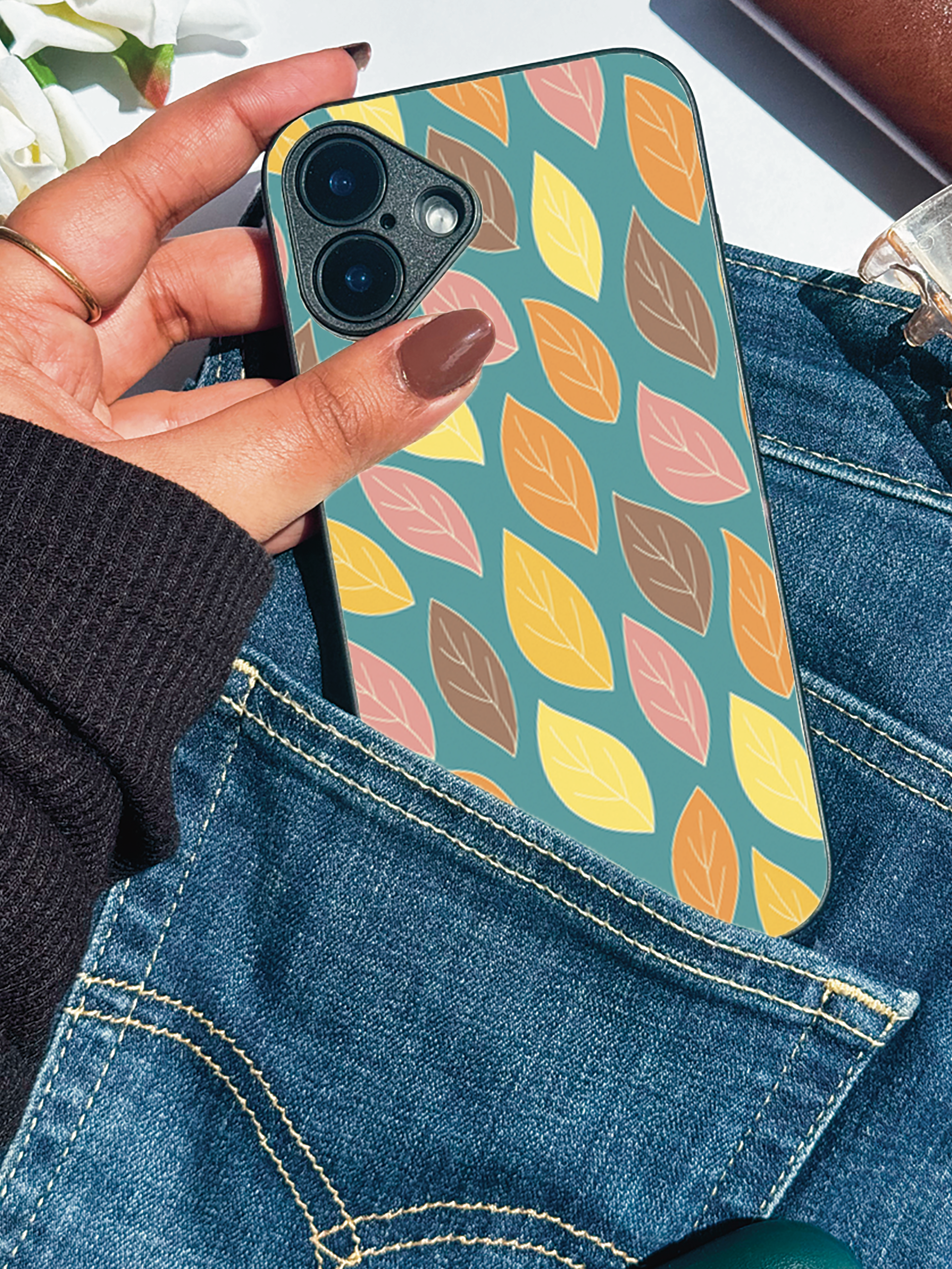 Falling Leaves Printed Glass Back iPhone Covers (11–16) Series | Aesthetic Designs