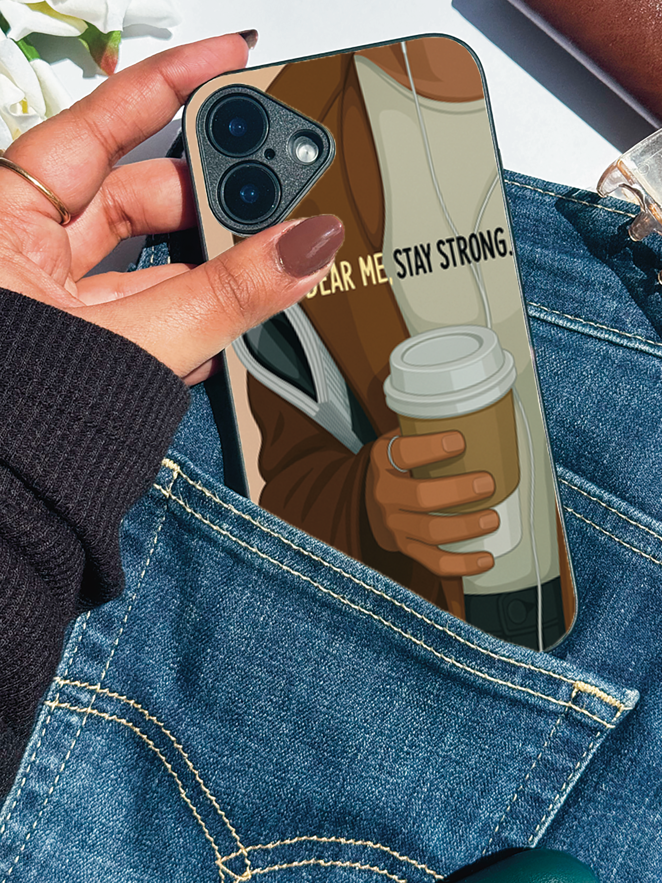 Coffee & Courage Printed Glass Back iPhone Covers (11–16) Series | Aesthetic Designs