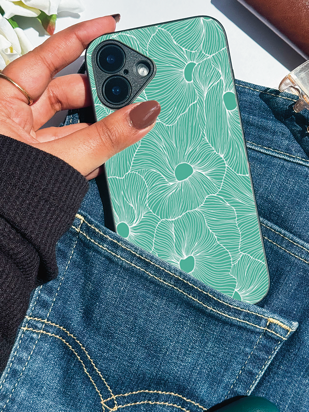 Aqua Flora Printed Glass Back iPhone Covers (11–16) Series | Aesthetic Design