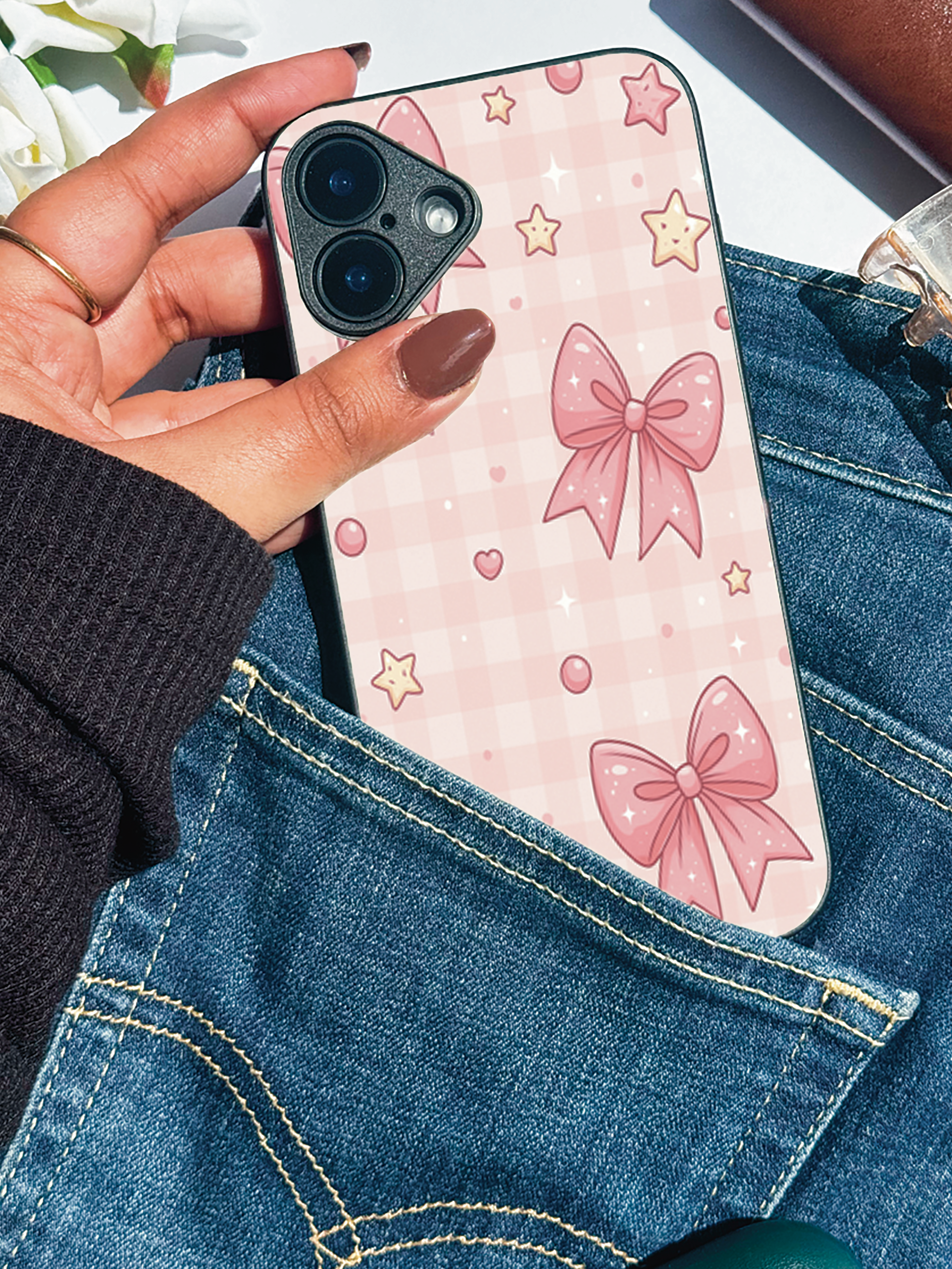 Kawaii Bow  Printed Glass Back iPhone Covers (11–16) Series |Cute Design