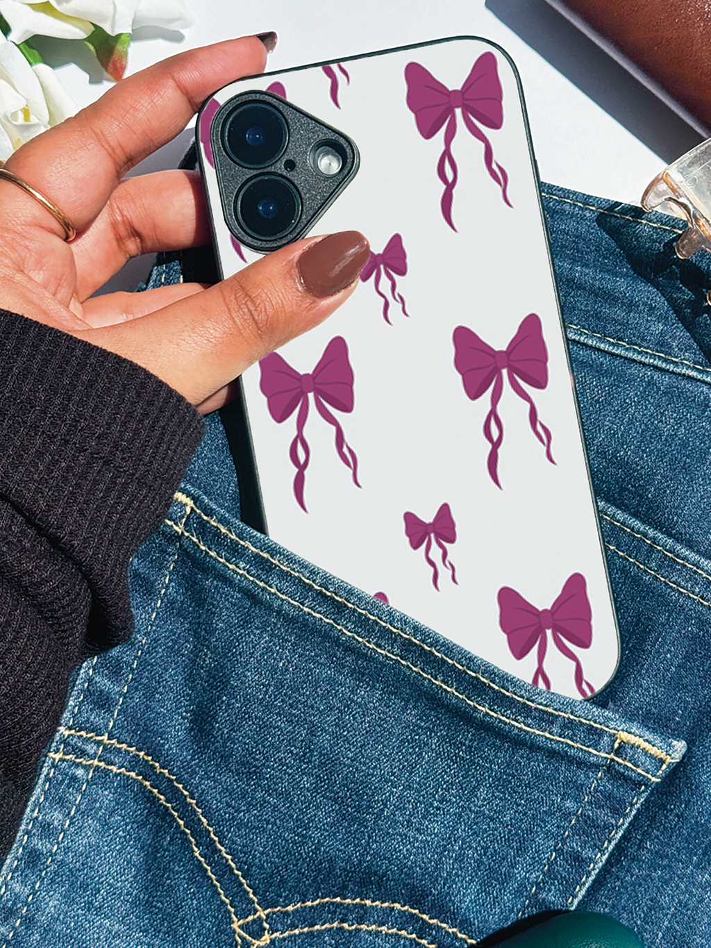 Purple Charm Printed Glass Back iPhone Covers (11–16) Series |Cute Design