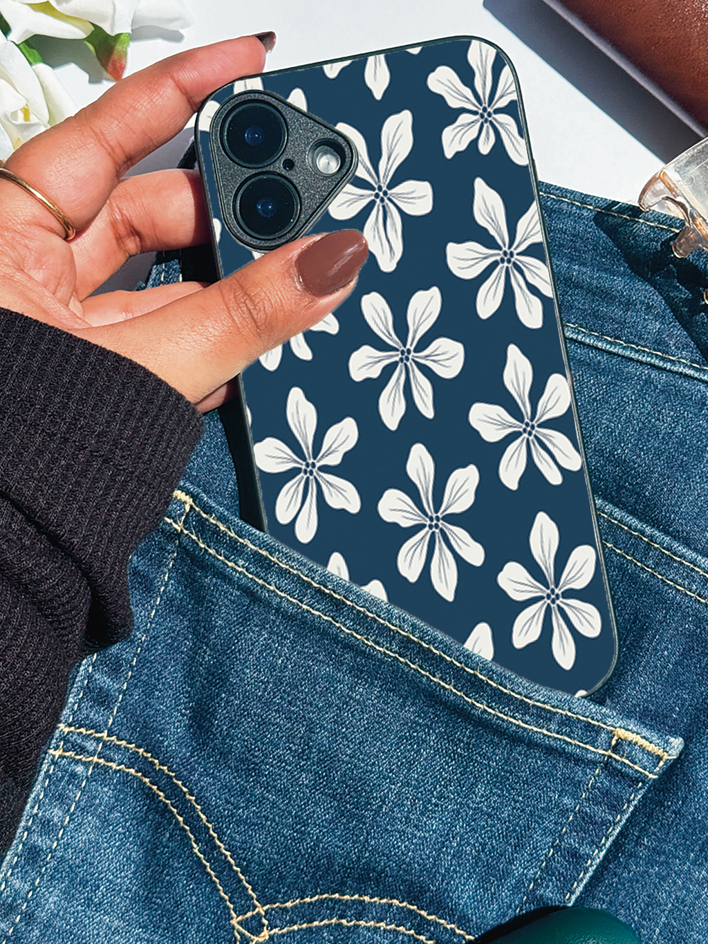 Navy Petals Printed Glass Back iPhone Covers (11–16) Series | Aesthetic Designs