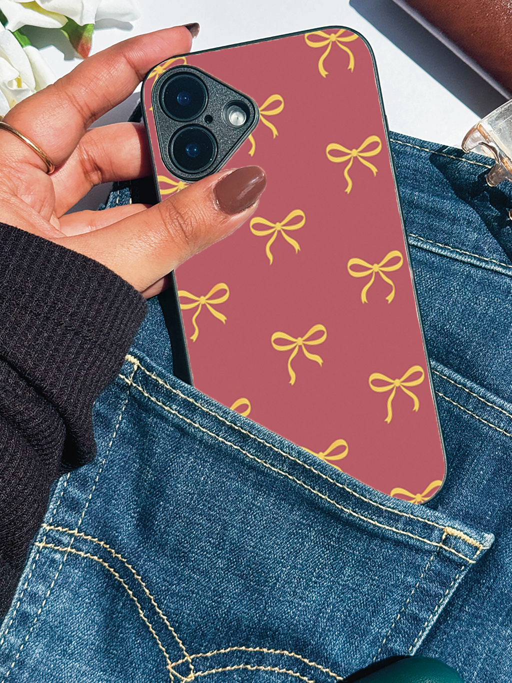 Golden Bows Printed Glass Back iPhone Covers (11–16) Series | Cute Designs