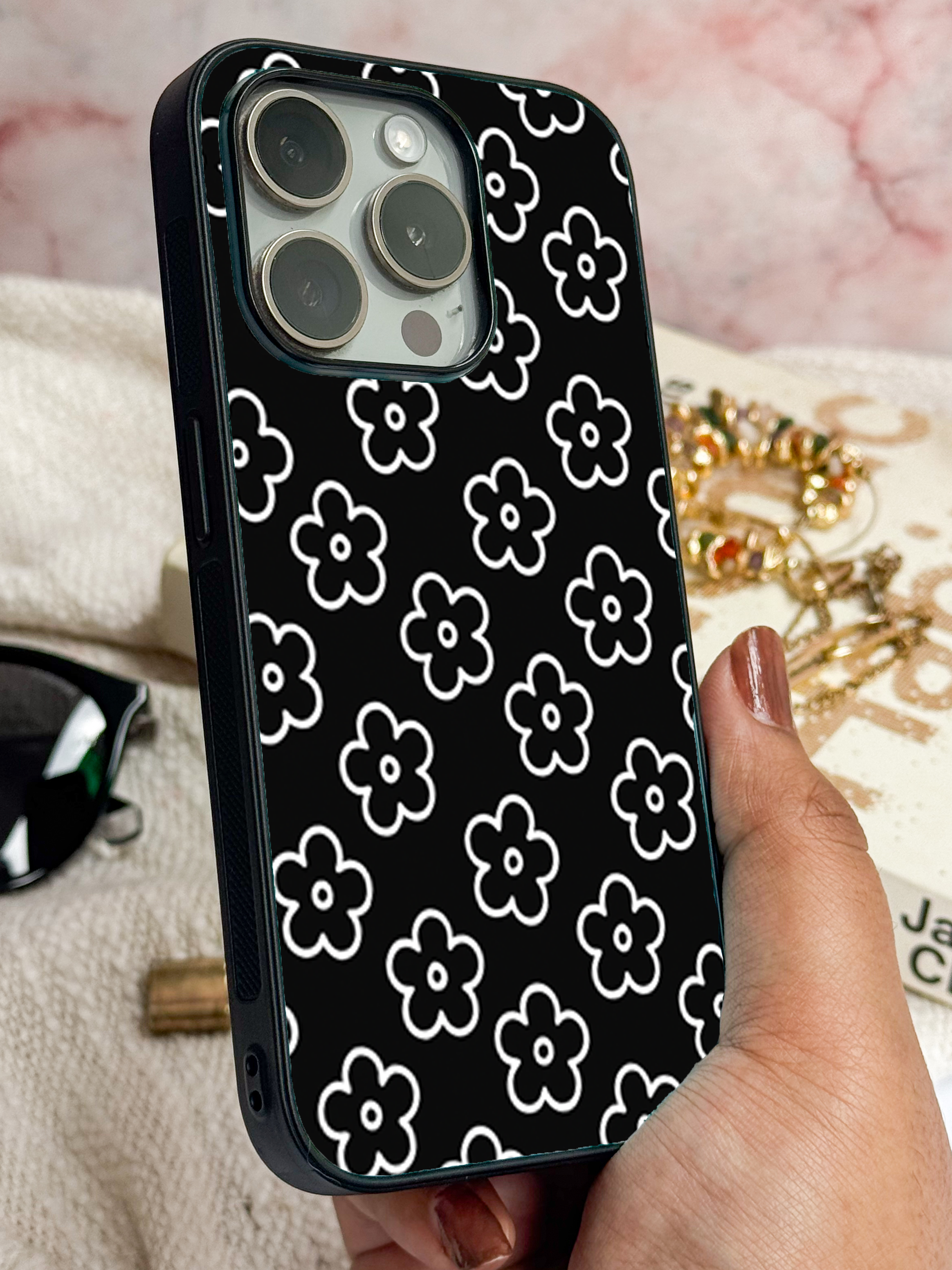 Daisy Noir Printed Glass Back iPhone Covers (11–16) Series | Aesthetic Designs